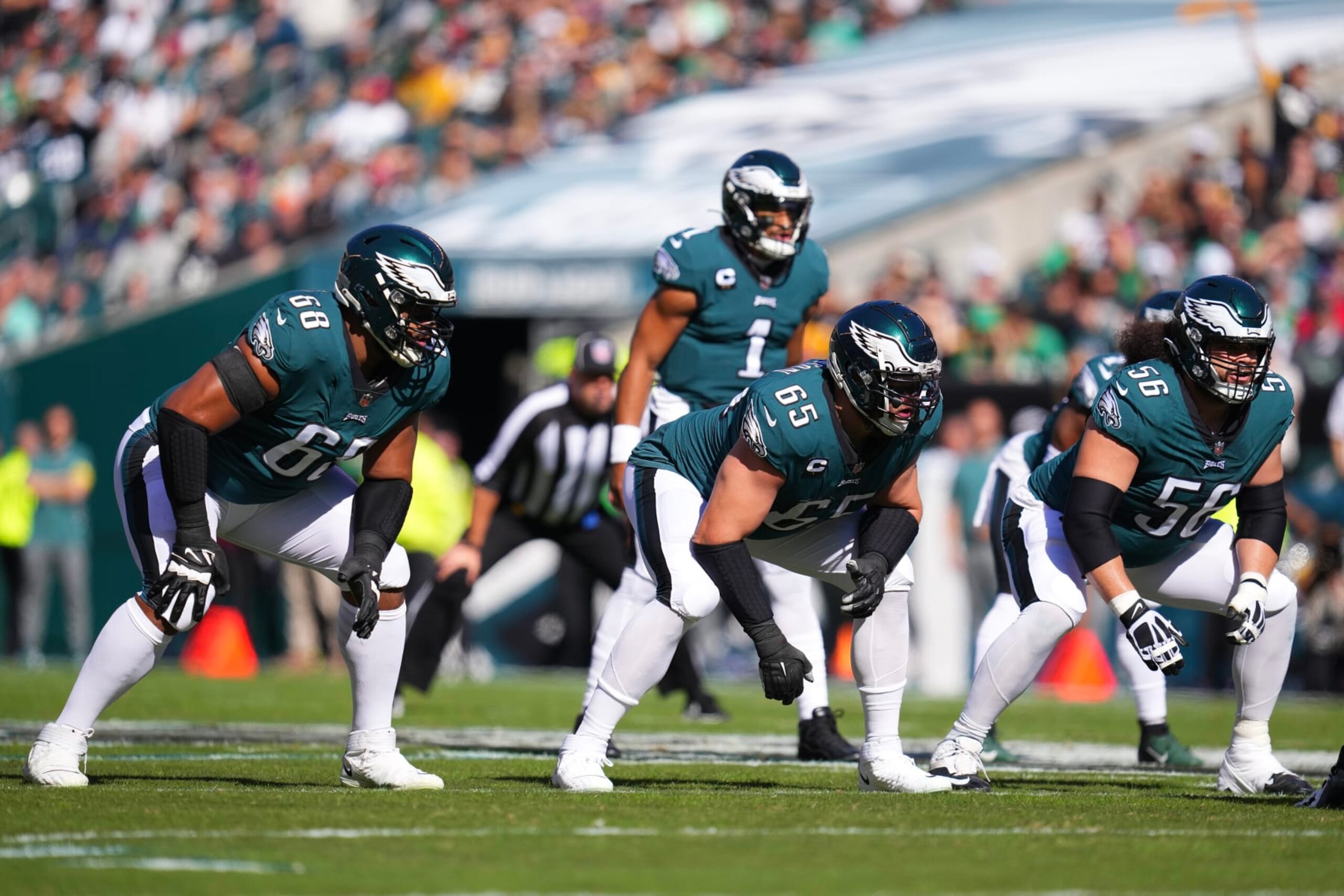PHILADELPHIA, PA - OCTOBER 30: Jordan Mailata #68, Lane Johnson #65, Isaac Seumalo #56, and Jalen Hurts #1 of the Philadelphia Eagles in action against the Pittsburgh Steelers at Lincoln Financial Field on October 30, 2022 in Philadelphia, Pennsylvania. (Photo by Mitchell Leff/Getty Images)