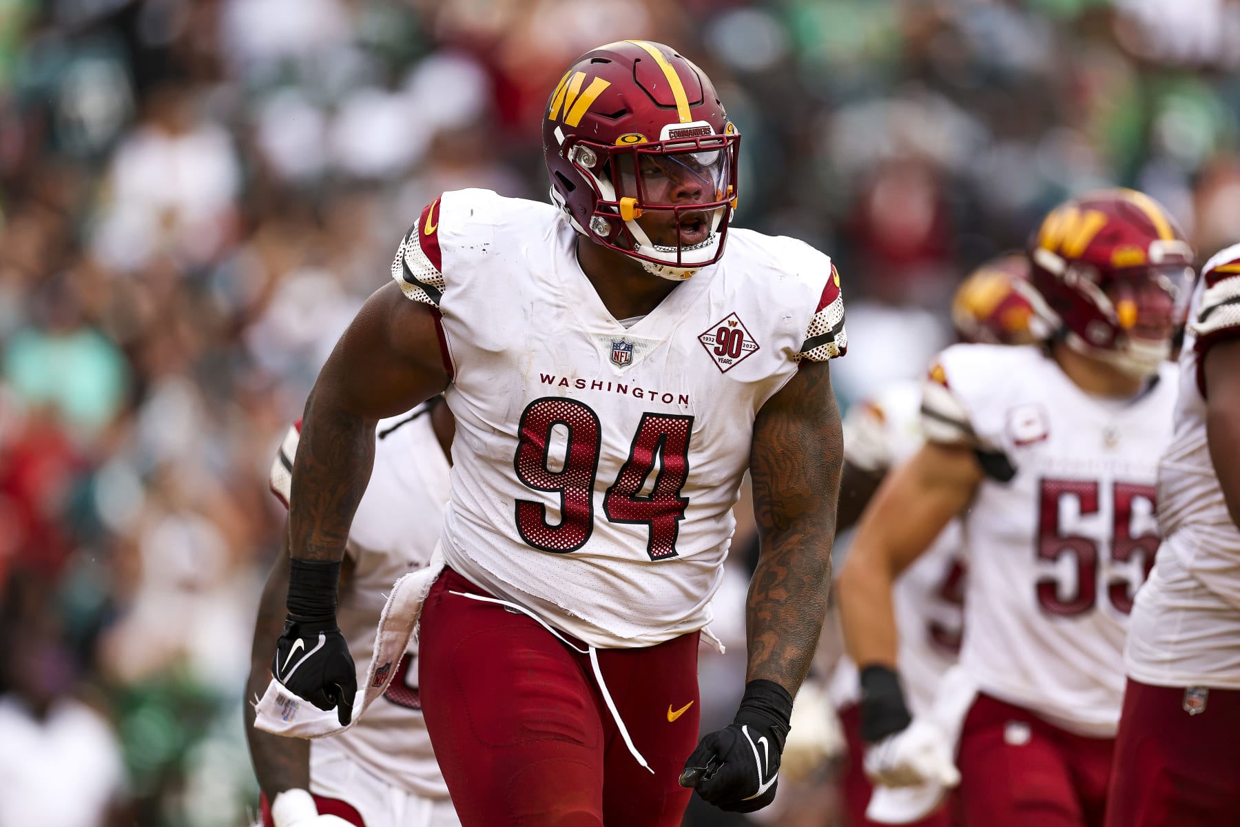 LANDOVER, MARYLAND - SEPTEMBER 25: Defensive tackle Daron Payne #94 of the Washington Commanders reacts after recording a safety during the fourth quarter against the Washington Commanders at FedExField on September 25, 2022 in Landover, Maryland. (Photo by Scott Taetsch/Getty Images)