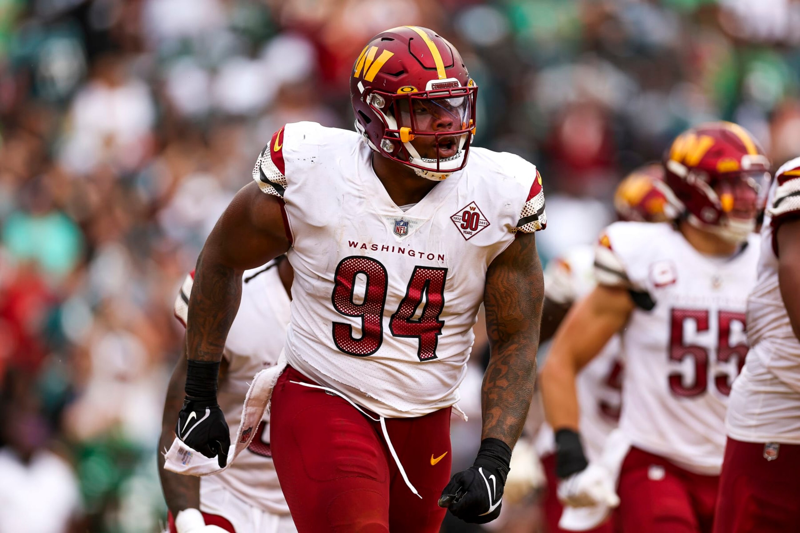 LANDOVER, MARYLAND - SEPTEMBER 25: Defensive tackle Daron Payne #94 of the Washington Commanders reacts after recording a safety during the fourth quarter against the Washington Commanders at FedExField on September 25, 2022 in Landover, Maryland. (Photo by Scott Taetsch/Getty Images)