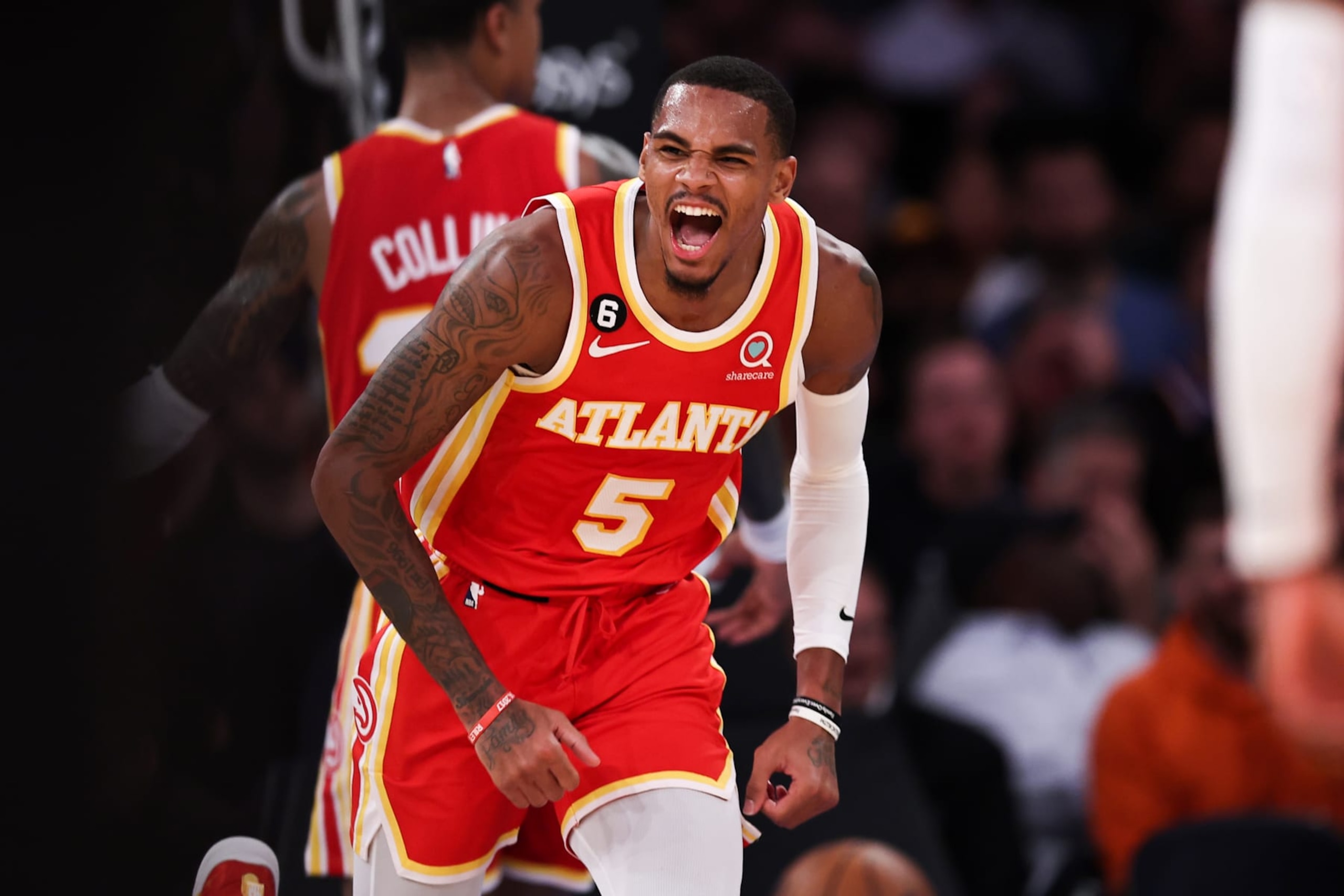 NEW YORK, NEW YORK - NOVEMBER 02: Dejounte Murray #5 of the Atlanta Hawks reacts after scoring a basket during the third quarter of the game against the New York Knicks at Madison Square Garden on November 02, 2022 in New York City. NOTE TO USER: User expressly acknowledges and agrees that, by downloading and or using this photograph, User is consenting to the terms and conditions of the Getty Images License Agreement. (Photo by Dustin Satloff/Getty Images)