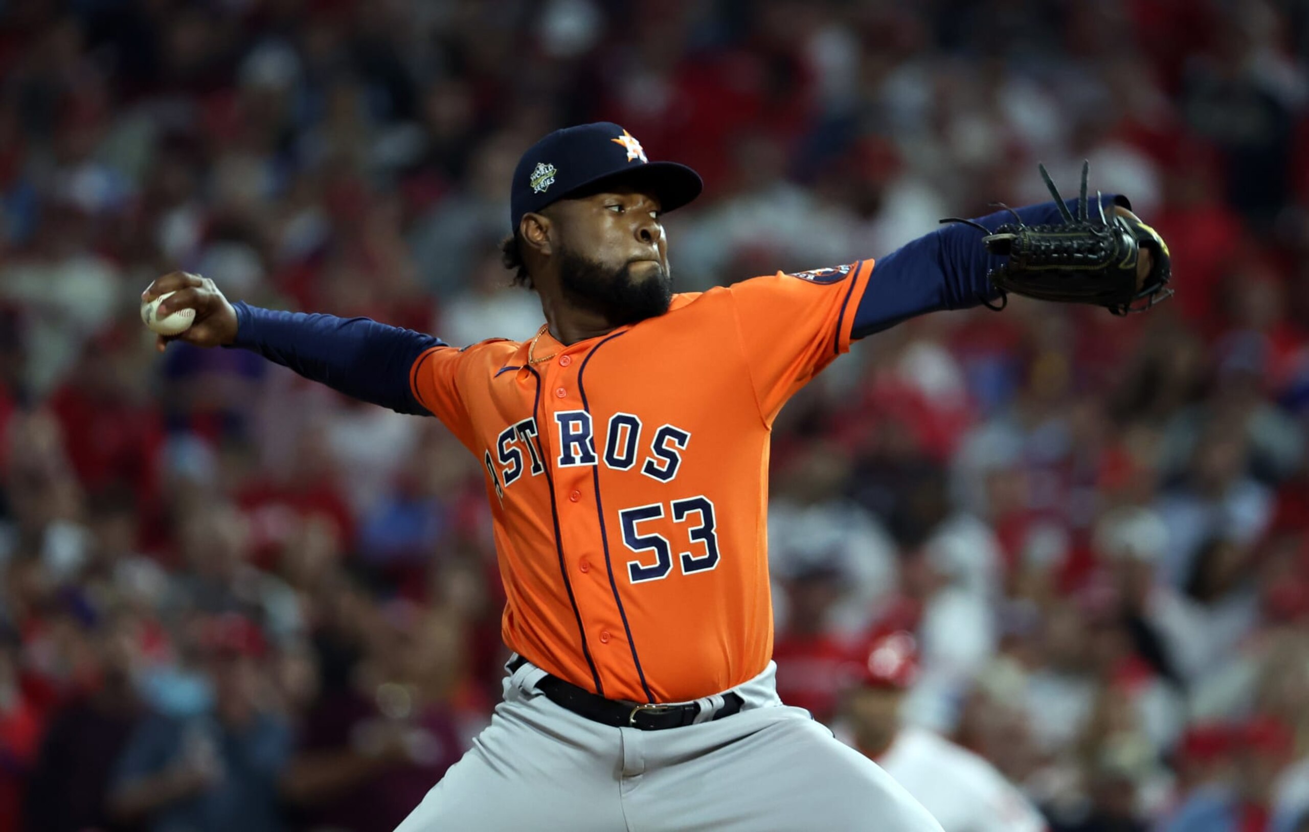 PHILADELPHIA, PENNSYLVANIA - NOVEMBER 02: Cristian Javier #53 of the Houston Astros delivers a pitch against the Philadelphia Phillies during the first inning in Game Four of the 2022 World Series at Citizens Bank Park on November 02, 2022 in Philadelphia, Pennsylvania. (Photo by Al Bello/Getty Images)