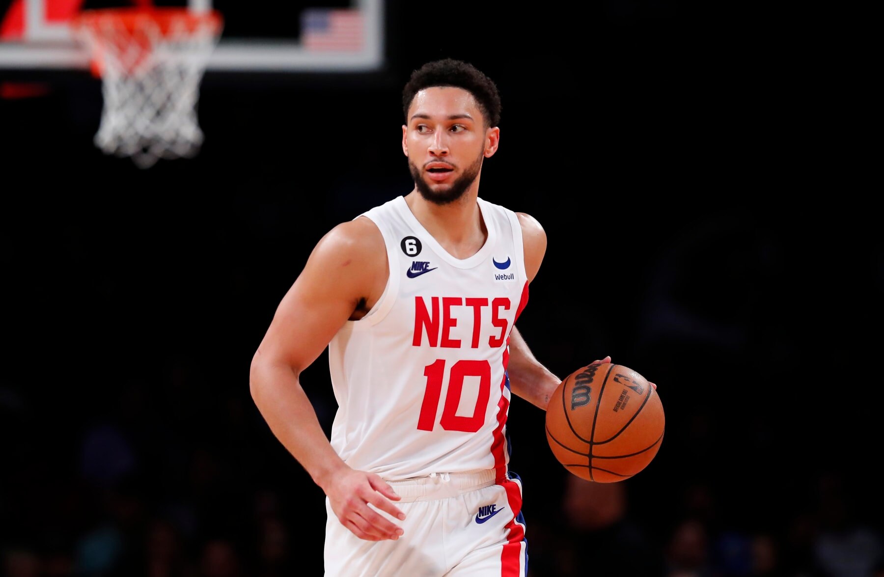 Brooklyn Nets guard Ben Simmons (10) dribbles the ball against the Indiana Pacers during the second half of an NBA basketball game, Saturday, Oct. 29, 2022 in New York. The Indiana Pacers won 125 - 116. (AP Photo/Noah K. Murray)