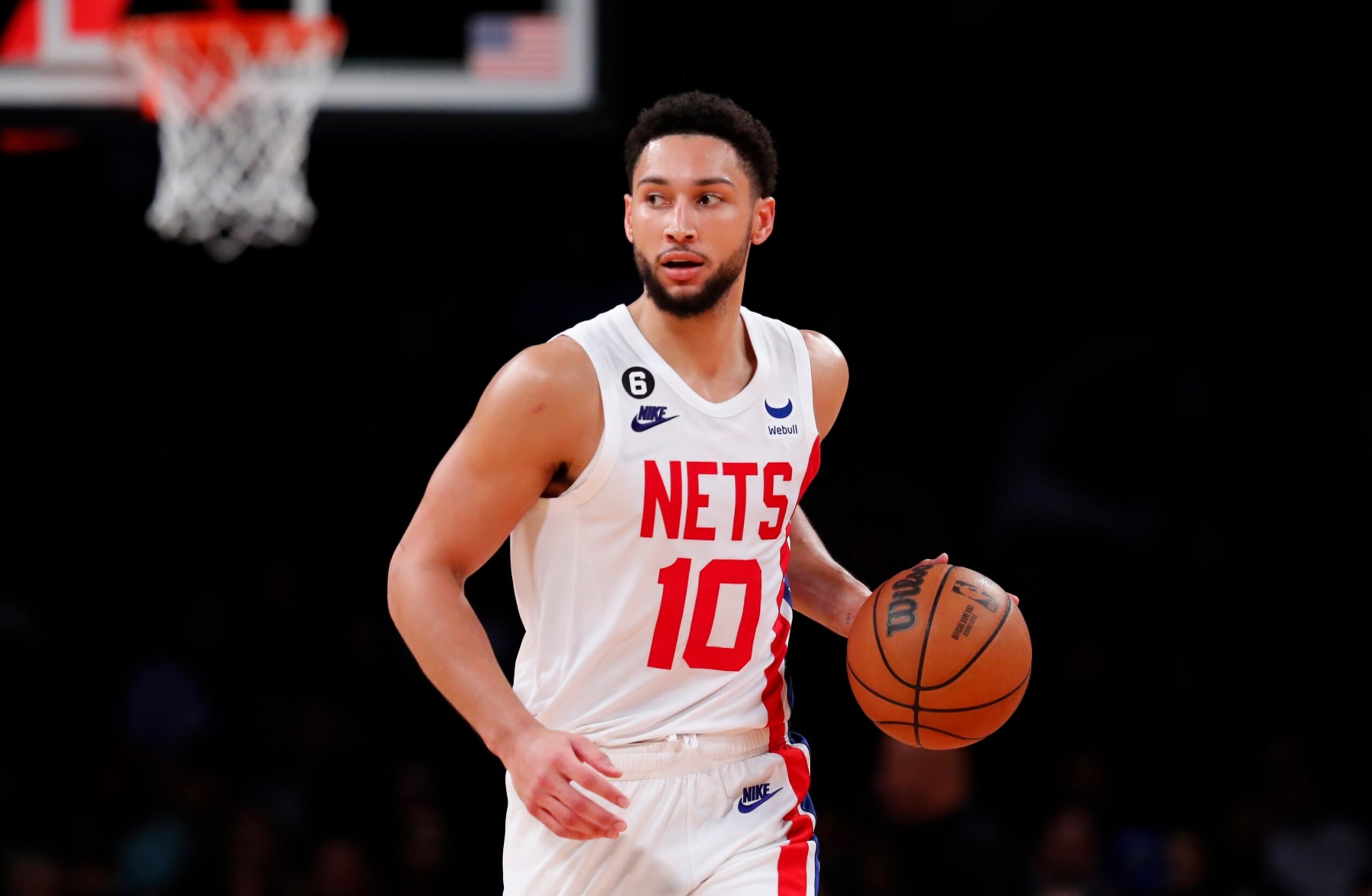 Brooklyn Nets guard Ben Simmons (10) dribbles the ball against the Indiana Pacers during the second half of an NBA basketball game, Saturday, Oct. 29, 2022 in New York. The Indiana Pacers won 125 - 116. (AP Photo/Noah K. Murray) Brooklyn Nets guard Ben Simmons (10) dribbles the ball against the Indiana Pacers during the second half of an NBA basketball game, Saturday, Oct. 29, 2022 in New York. The Indiana Pacers won 125 - 116. (AP Photo/Noah K. Murray)