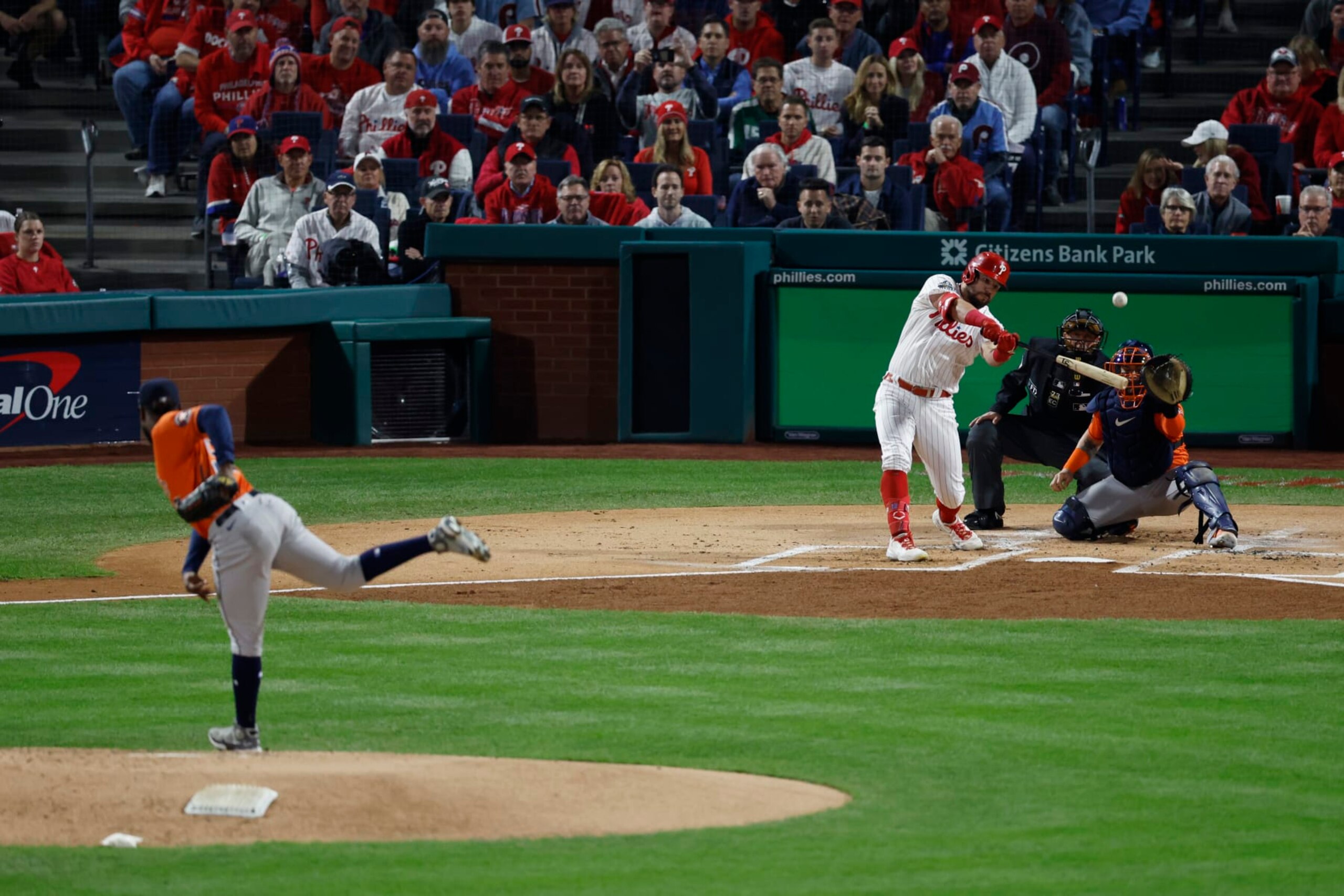 PHILADELPHIA, PA - NOVEMBER 02: Cristian Javier #53 of the Houston Astros pitches to Kyle Schwarber #12 of the Philadelphia Phillies in the first inning during Game 4 of the 2022 World Series between the Houston Astros and the Philadelphia Phillies at Citizens Bank Park on Wednesday, November 2, 2022 in Philadelphia, Pennsylvania. (Photo by Brian Garfinkel/MLB Photos via Getty Images) PHILADELPHIA, PA - NOVEMBER 02: Cristian Javier #53 of the Houston Astros pitches to Kyle Schwarber #12 of the Philadelphia Phillies in the first inning during Game 4 of the 2022 World Series between the Houston Astros and the Philadelphia Phillies at Citizens Bank Park on Wednesday, November 2, 2022 in Philadelphia, Pennsylvania. (Photo by Brian Garfinkel/MLB Photos via Getty Images)