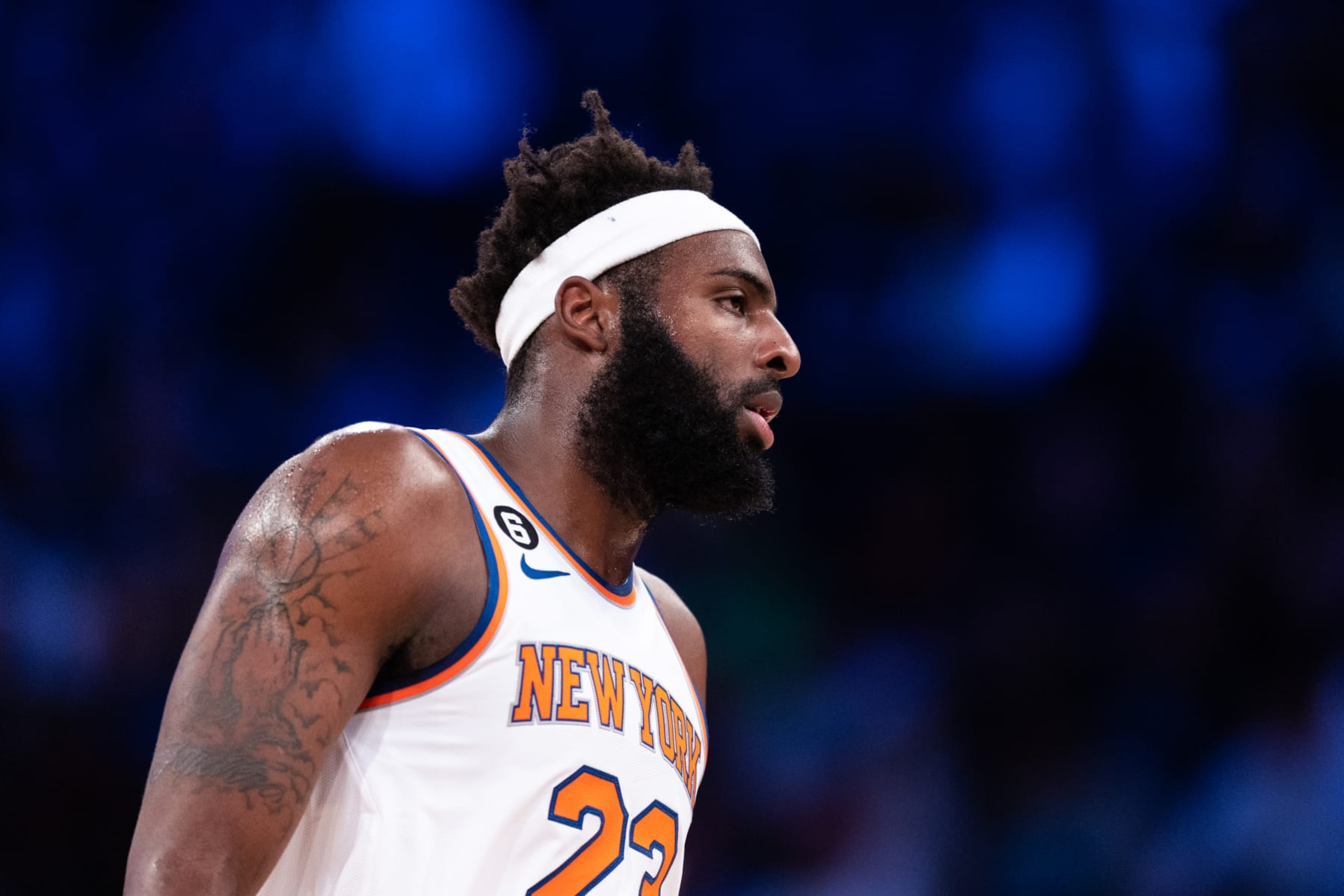 NEW YORK, NEW YORK - OCTOBER 24: Mitchell Robinson #23 of the New York Knicks looks on during a break in the action during the first quarter of the game against the Orlando Magic at Madison Square Garden on October 24, 2022 in New York City. NOTE TO USER: User expressly acknowledges and agrees that,  by downloading and or using this photograph,  User is consenting to the terms and conditions of the Getty Images License Agreement. (Photo by Dustin Satloff/Getty Images)