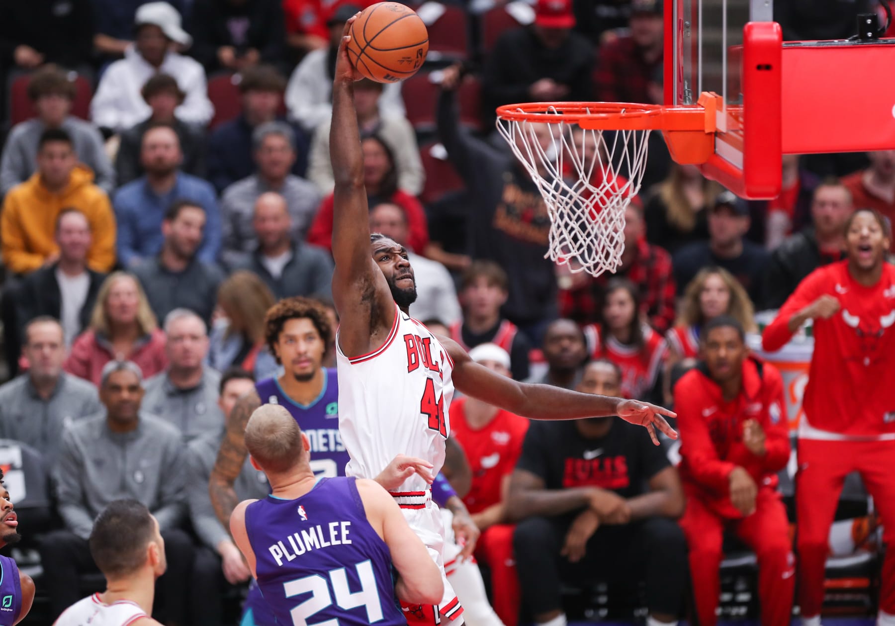 CHICAGO, IL - NOVEMBER 02: Chicago Bulls forward Patrick Williams (44) drives to the basket for a slam dunk
during a NBA game between the Charlotte  Hornets and the Chicago Bulls on November 2, 2022 at the United Center in Chicago, IL. (Photo by Melissa Tamez/Icon Sportswire via Getty Images)