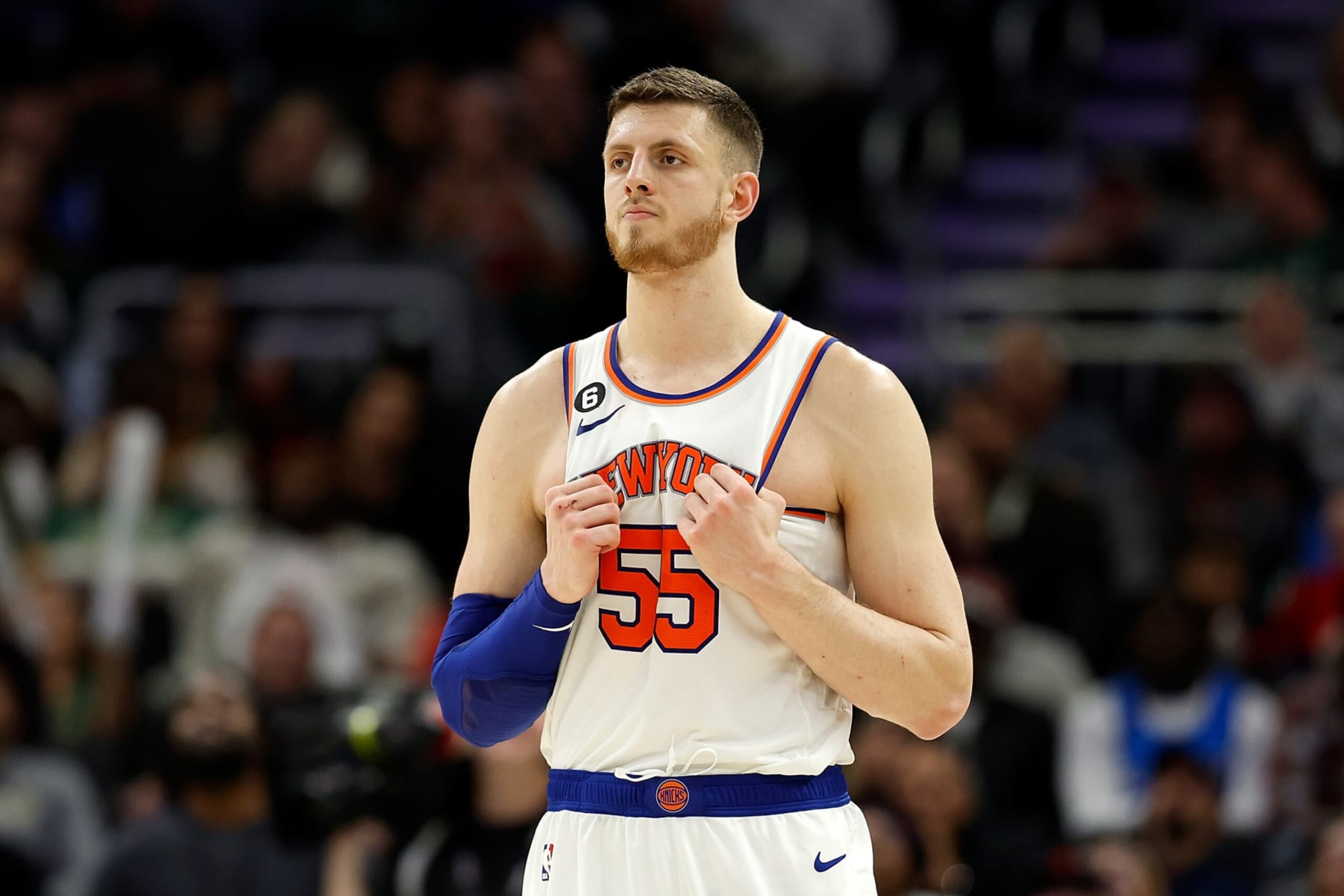 MILWAUKEE, WISCONSIN - OCTOBER 28: Isaiah Hartenstein #55 of the New York Knicks looks on during the second half of the game against the Milwaukee Bucks at Fiserv Forum on October 28, 2022 in Milwaukee, Wisconsin. NOTE TO USER: User expressly acknowledges and agrees that, by downloading and or using this photograph, User is consenting to the terms and conditions of the Getty Images License Agreement. (Photo by John Fisher/Getty Images)