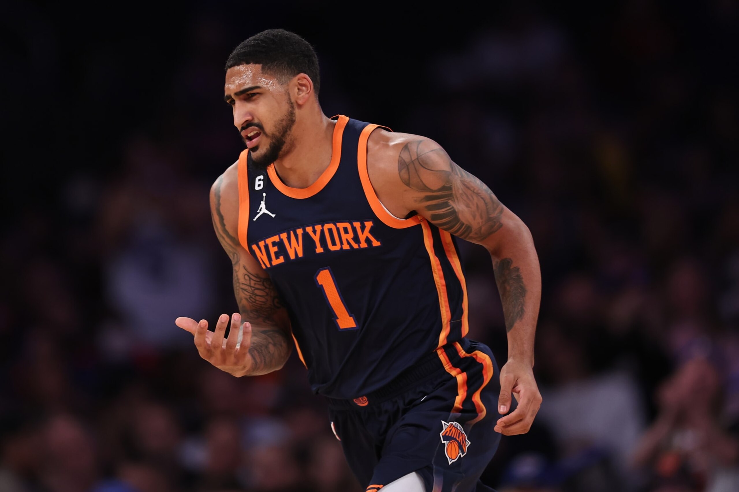 NEW YORK, NEW YORK - NOVEMBER 02: Obi Toppin #1 of the New York Knicks reacts during the second quarter of the game against the Atlanta Hawks at Madison Square Garden on November 02, 2022 in New York City. NOTE TO USER: User expressly acknowledges and agrees that, by downloading and or using this photograph, User is consenting to the terms and conditions of the Getty Images License Agreement. (Photo by Dustin Satloff/Getty Images)