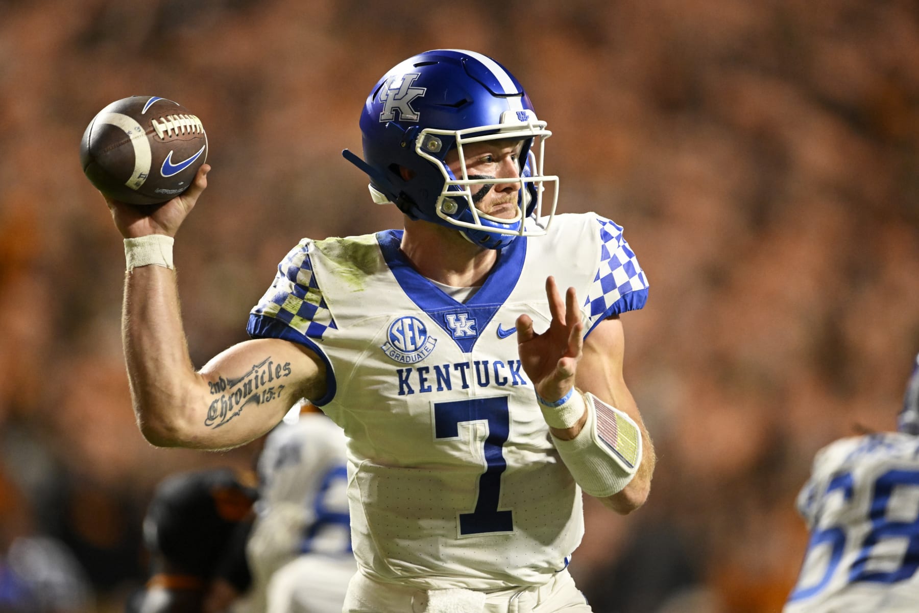 KNOXVILLE, TENNESSEE - OCTOBER 29: Will Levis #7 of the Kentucky Wildcats throws a pass against the Tennessee Volunteers in the second quarter of the game at Neyland Stadium on October 29, 2022 in Knoxville, Tennessee. (Photo by Eakin Howard/Getty Images)