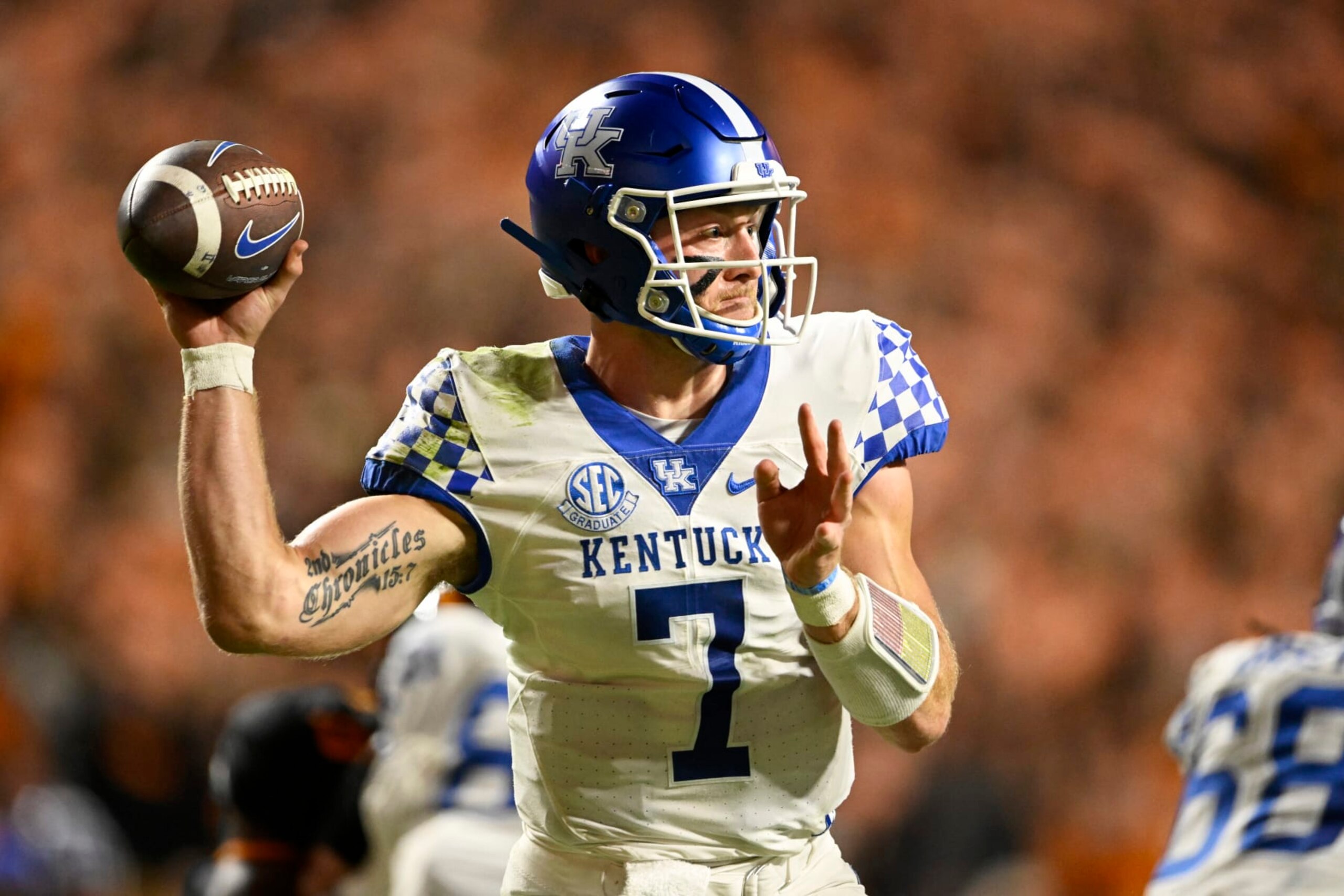 KNOXVILLE, TENNESSEE - OCTOBER 29: Will Levis #7 of the Kentucky Wildcats throws a pass against the Tennessee Volunteers in the second quarter of the game at Neyland Stadium on October 29, 2022 in Knoxville, Tennessee. (Photo by Eakin Howard/Getty Images) KNOXVILLE, TENNESSEE - OCTOBER 29: Will Levis #7 of the Kentucky Wildcats throws a pass against the Tennessee Volunteers in the second quarter of the game at Neyland Stadium on October 29, 2022 in Knoxville, Tennessee. (Photo by Eakin Howard/Getty Images)