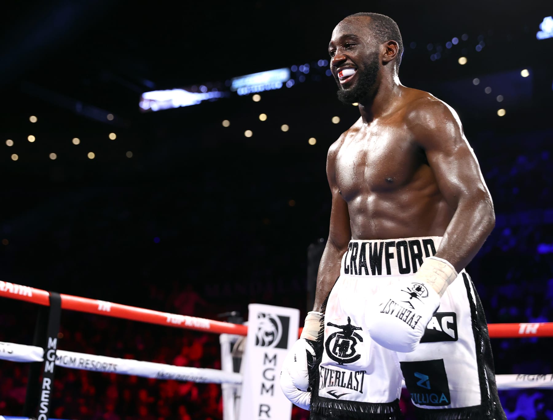 LAS VEGAS, NEVADA - NOVEMBER 20: WBO welterweight champion Terence Crawford smiles during his fight against Shawn Porter at Michelob ULTRA Arena on November 20, 2021 in Las Vegas, Nevada. (Photo by Mikey Williams/Top Rank Inc via Getty Images)