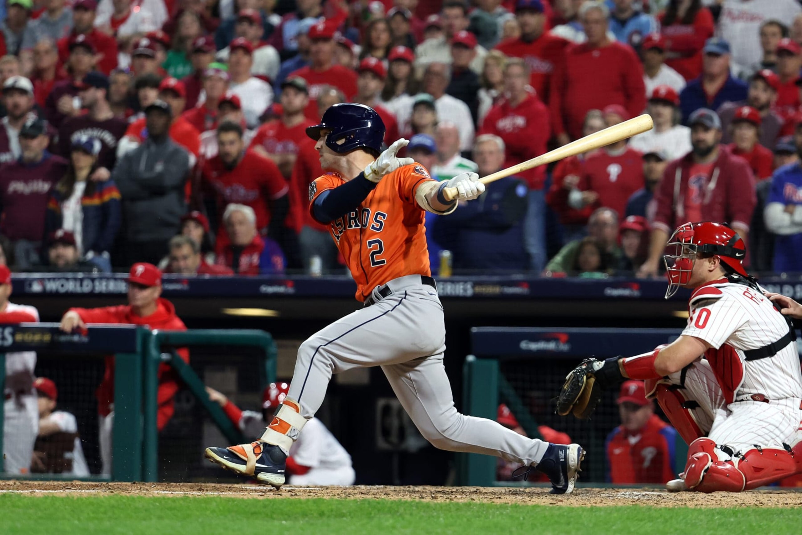 PHILADELPHIA, PENNSYLVANIA - NOVEMBER 02: Alex Bregman #2 of the Houston Astros hits a RBI double against the Philadelphia Phillies during the fifth inning in Game Four of the 2022 World Series at Citizens Bank Park on November 02, 2022 in Philadelphia, Pennsylvania. (Photo by Al Bello/Getty Images)