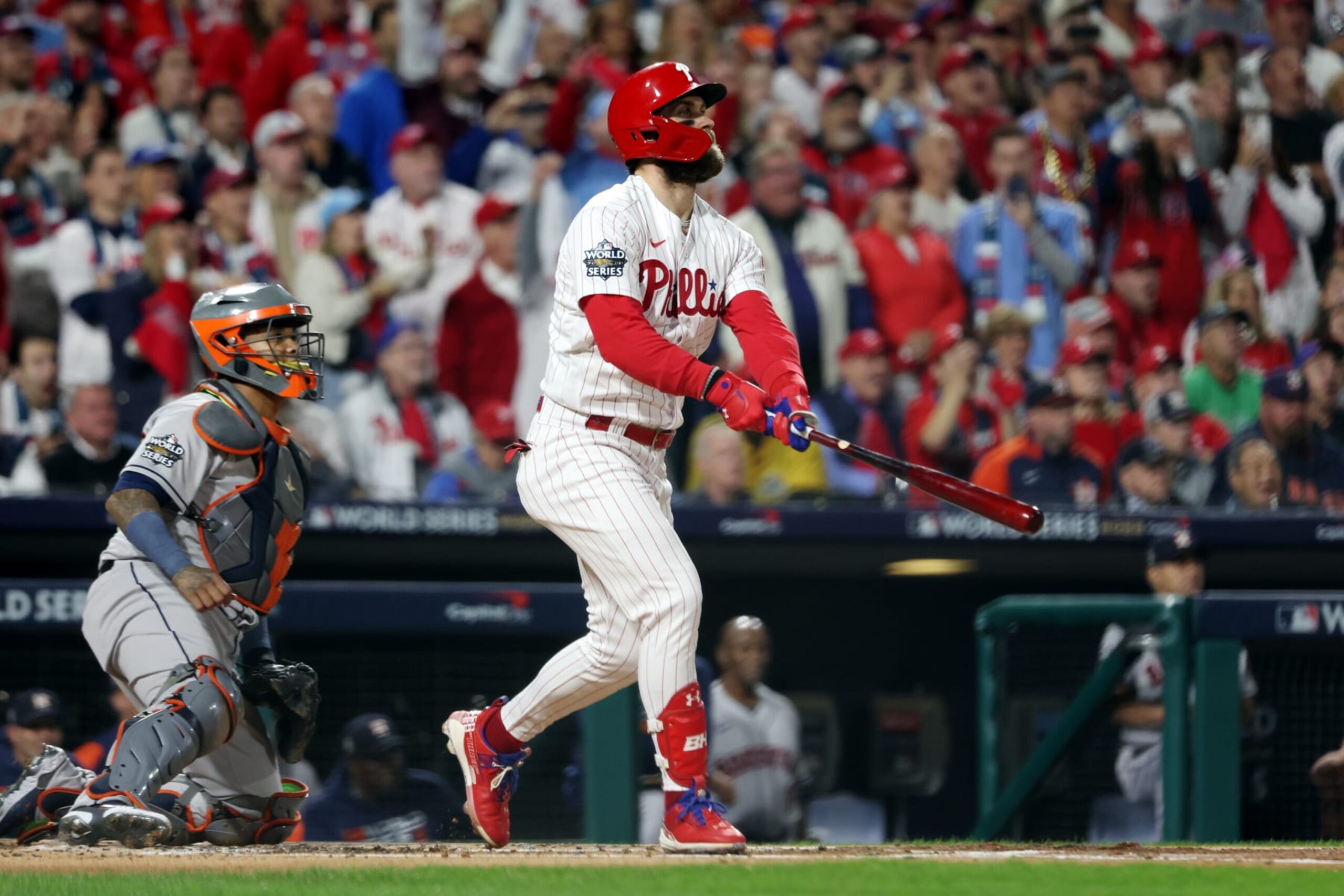 PHILADELPHIA, PA - NOVEMBER 01:  Bryce Harper #3 of the Philadelphia Phillies hits a two-run homer in the first inning during Game 3 of the 2022 World Series between the Houston Astros and the Philadelphia Phillies at Citizens Bank Park on Tuesday, November 1, 2022 in Philadelphia, Pennsylvania. (Photo by Mary DeCicco/MLB Photos via Getty Images)