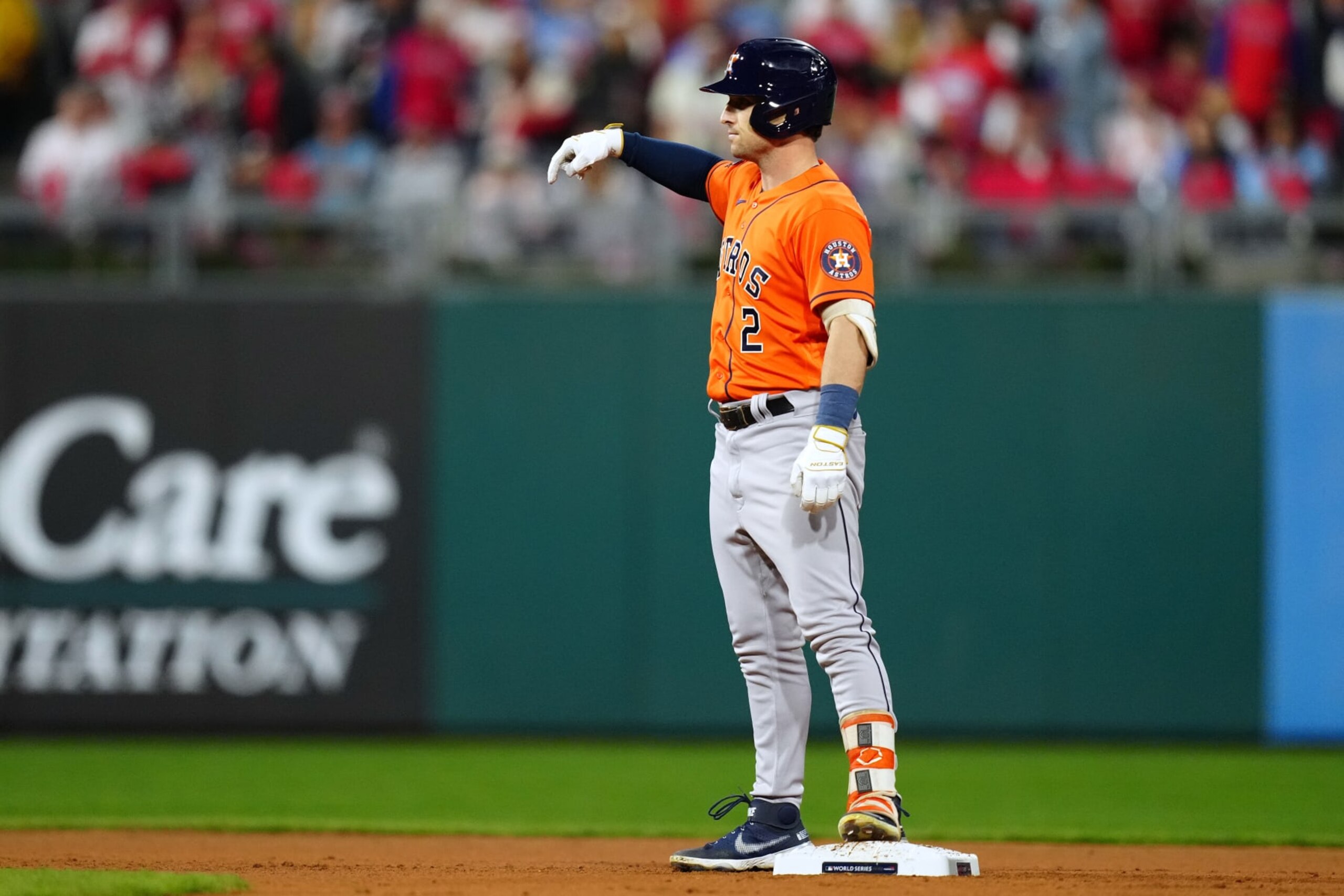 PHILADELPHIA, PA - NOVEMBER 02:  Alex Bregman #2 of the Houston Astros reacts after hitting a two-run double in the fifth inning during Game 4 of the 2022 World Series between the Houston Astros and the Philadelphia Phillies at Citizens Bank Park on Wednesday, November 2, 2022 in Philadelphia, Pennsylvania. (Photo by Daniel Shirey/MLB Photos via Getty Images)