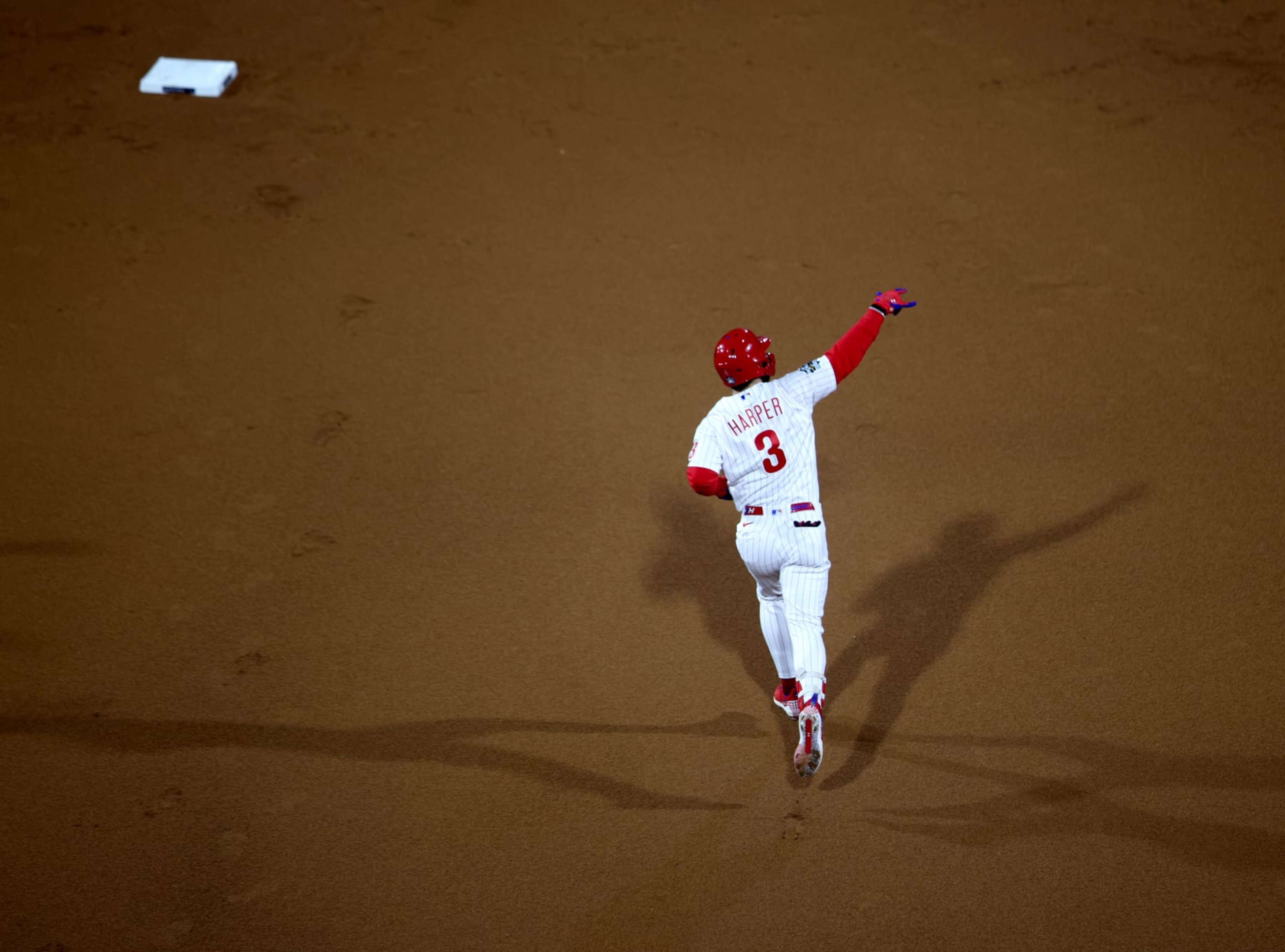 PHILADELPHIA, PA - NOVEMBER 01: Bryce Harper #3 of the Philadelphia Phillies rounds the bases after hitting a two-run home run in the first inning of Game 3 of the 2022 World Series between the Houston Astros and the Philadelphia Phillies at Citizens Bank Park on Tuesday, November 1, 2022 in Philadelphia, Pennsylvania. (Photo by Rob Tringali/MLB Photos via Getty Images)