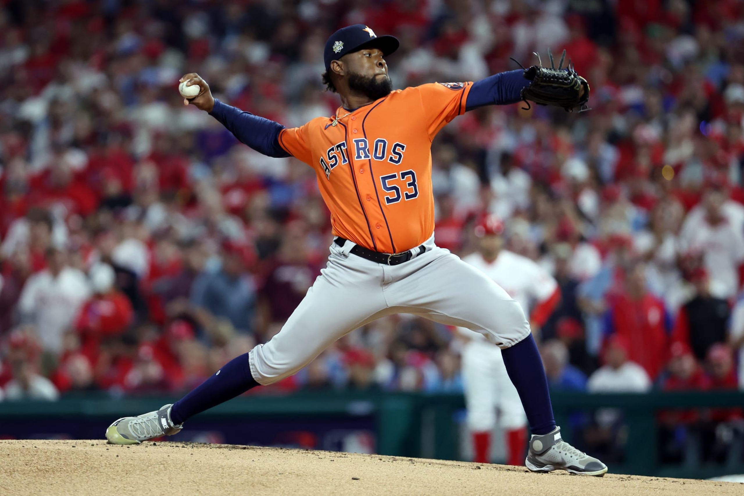 PHILADELPHIA, PENNSYLVANIA - NOVEMBER 02: Cristian Javier #53 of the Houston Astros delivers a pitch against the Philadelphia Phillies during the first inning in Game Four of the 2022 World Series at Citizens Bank Park on November 02, 2022 in Philadelphia, Pennsylvania. (Photo by Al Bello/Getty Images)