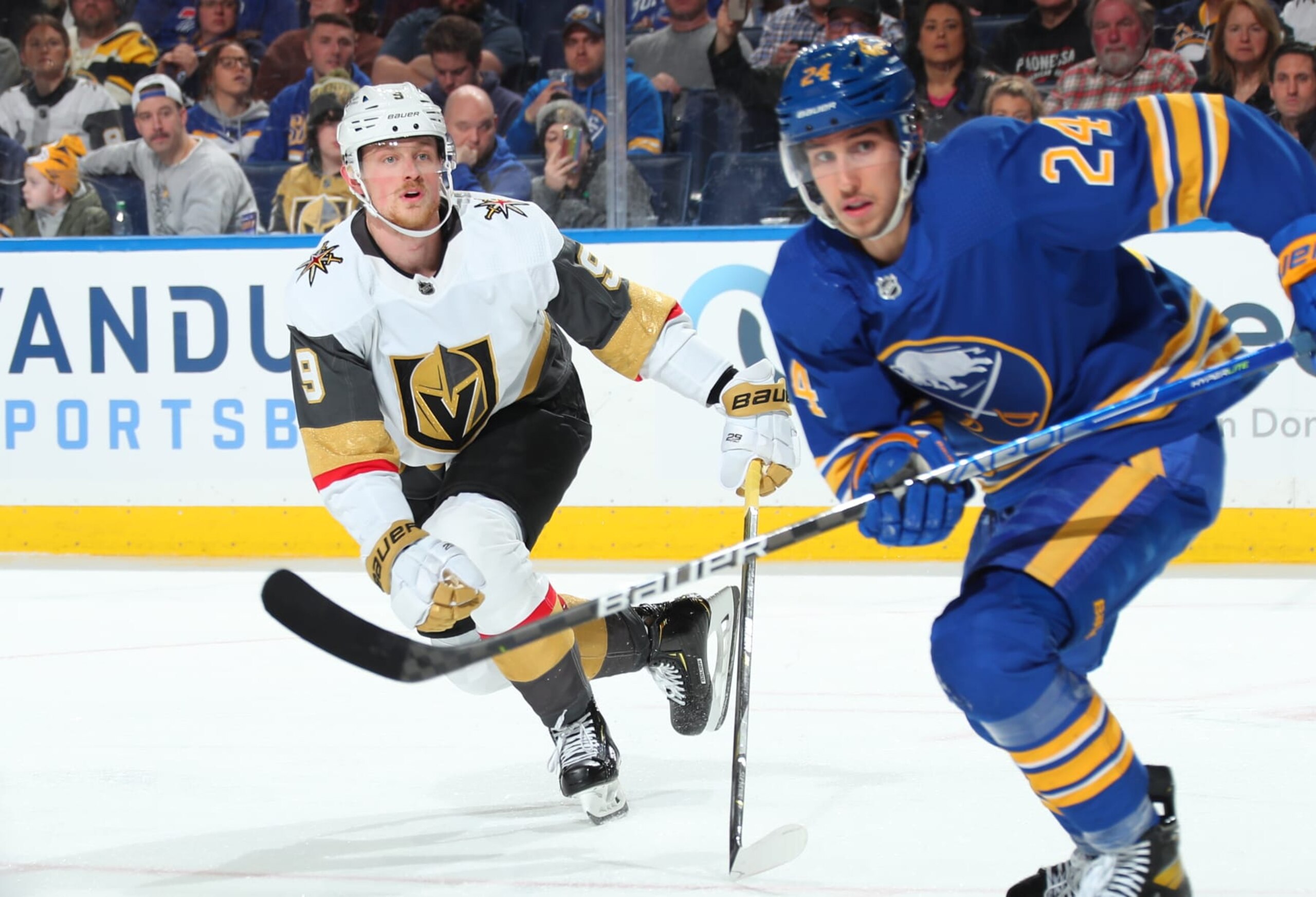 Vegas Golden Knights center Jack Eichel and Buffalo Sabres forward Dylan Cozens. Vegas Golden Knights center Jack Eichel and Buffalo Sabres forward Dylan Cozens.