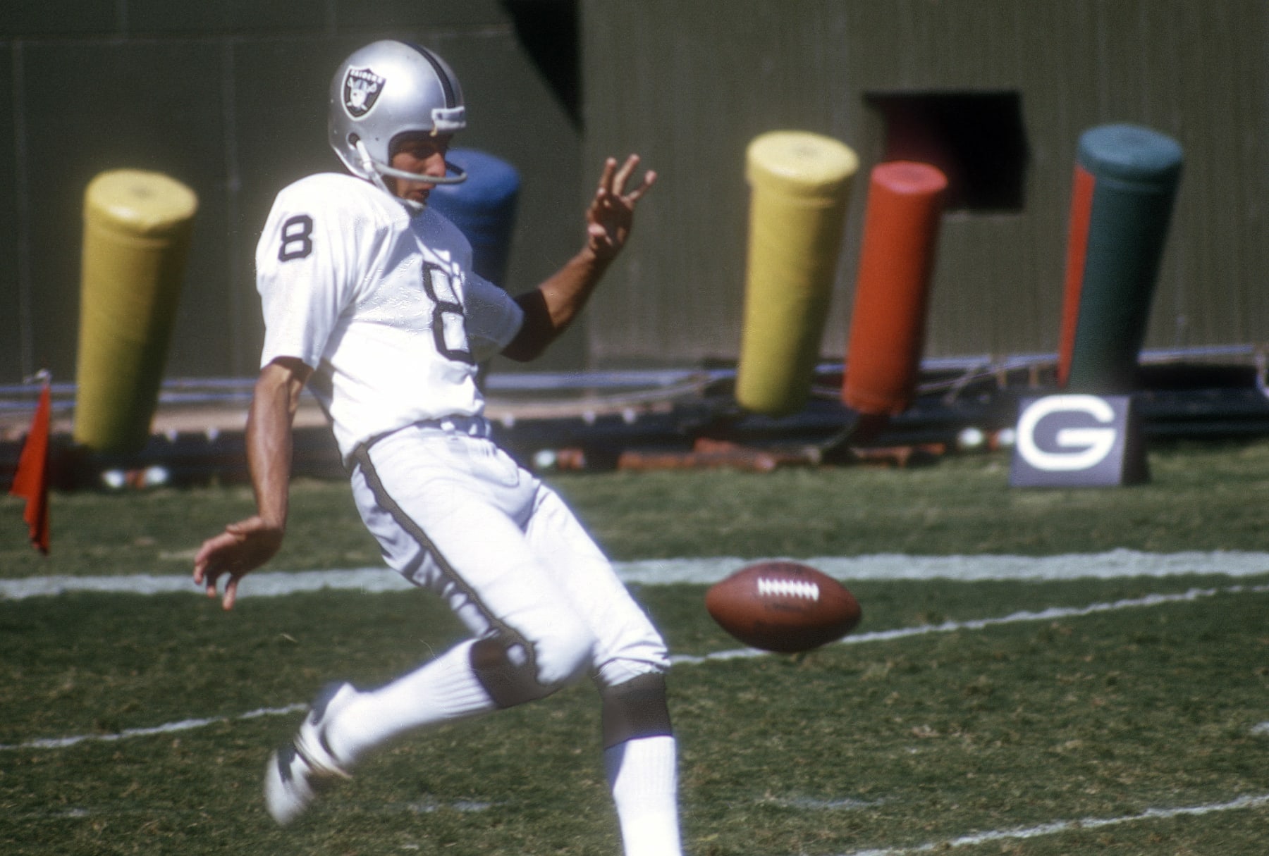 UNSPECIFIED - CIRCA 1980:  Ray Guy #8 of the Oakland Raiders punts the ball during an NFL football game circa 1980. Guy played for the Raiders from 1973-86. (Photo by Focus on Sport/Getty Images)
