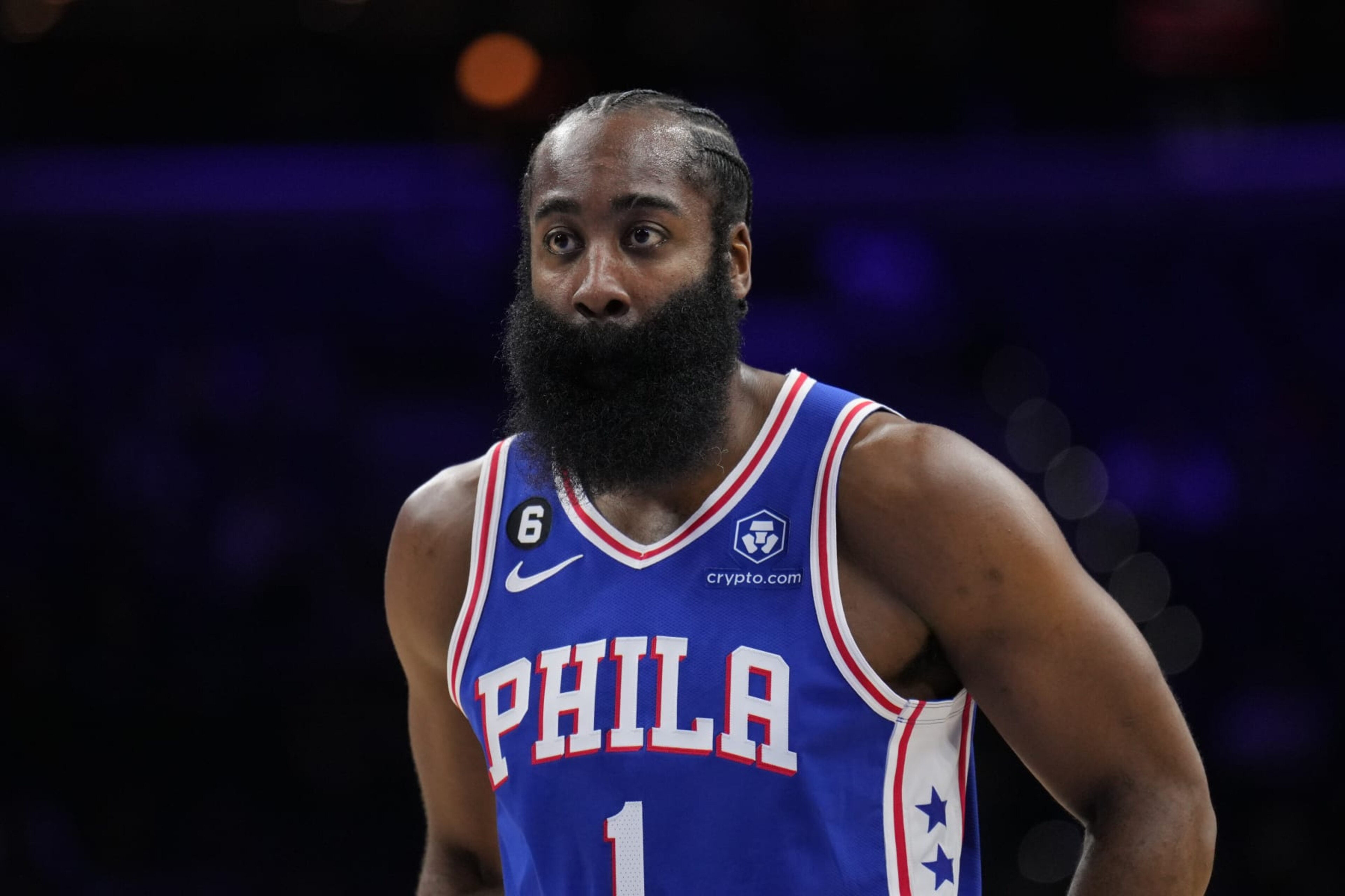 PHILADELPHIA, PA - NOVEMBER 2: James Harden #1 of the Philadelphia 76ers looks on during the game against the Washington Wizards on November 2, 2022 at the Wells Fargo Center in Philadelphia, Pennsylvania NOTE TO USER: User expressly acknowledges and agrees that, by downloading and/or using this Photograph, user is consenting to the terms and conditions of the Getty Images License Agreement. Mandatory Copyright Notice: Copyright 2022 NBAE (Photo by Jesse D. Garrabrant/NBAE via Getty Images) PHILADELPHIA, PA - NOVEMBER 2: James Harden #1 of the Philadelphia 76ers looks on during the game against the Washington Wizards on November 2, 2022 at the Wells Fargo Center in Philadelphia, Pennsylvania NOTE TO USER: User expressly acknowledges and agrees that, by downloading and/or using this Photograph, user is consenting to the terms and conditions of the Getty Images License Agreement. Mandatory Copyright Notice: Copyright 2022 NBAE (Photo by Jesse D. Garrabrant/NBAE via Getty Images)