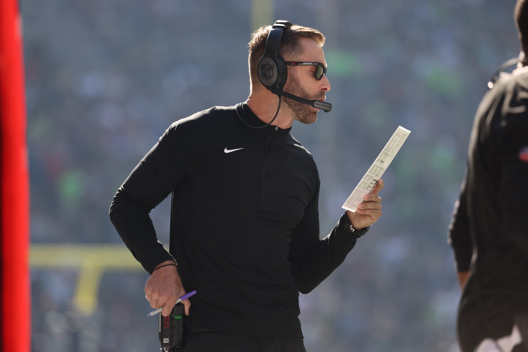 SEATTLE, WA - OCTOBER 16: Head coach Kliff Kingsbury of the Arizona Cardinals looks on against the Seattle Seahawks during the first half at Lumen Field on October 16, 2022 in Seattle, Washington. (Photo by Tom Hauck/Getty Images)