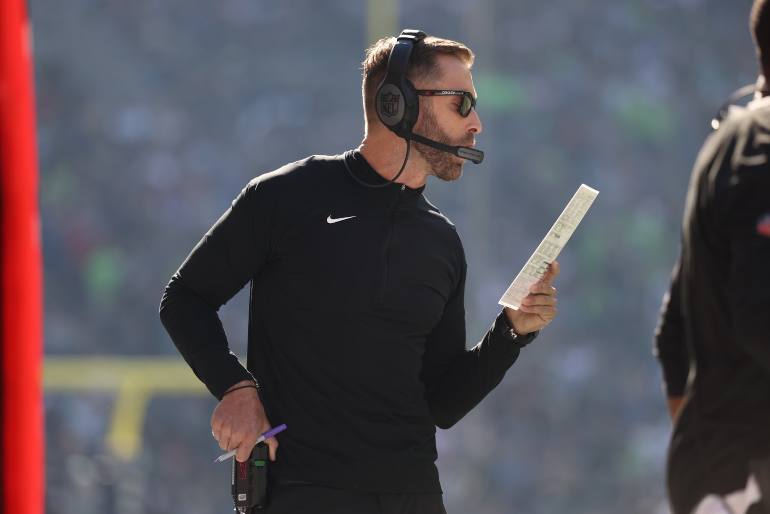 SEATTLE, WA - OCTOBER 16: Head coach Kliff Kingsbury of the Arizona Cardinals looks on against the Seattle Seahawks during the first half at Lumen Field on October 16, 2022 in Seattle, Washington. (Photo by Tom Hauck/Getty Images)
