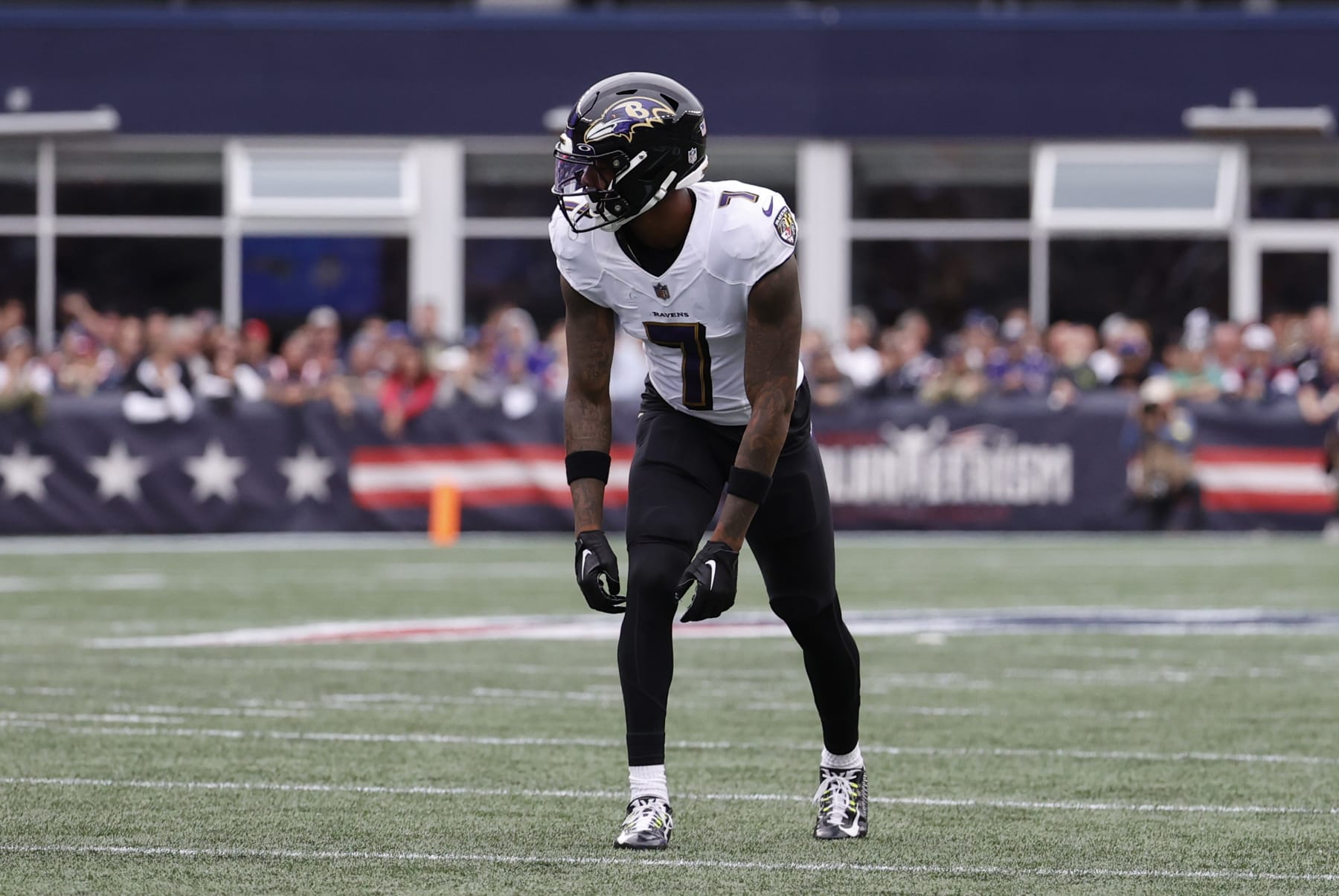 FOXBOROUGH, MA - SEPTEMBER 25: Baltimore Ravens wide receiver Rashod Bateman (7) lines up wide during a game between the New England Patriots and the Baltimore Ravens on September 25, 2022, at Gillette Stadium in Foxborough, Massachusetts. (Photo by Fred Kfoury III/Icon Sportswire via Getty Images)