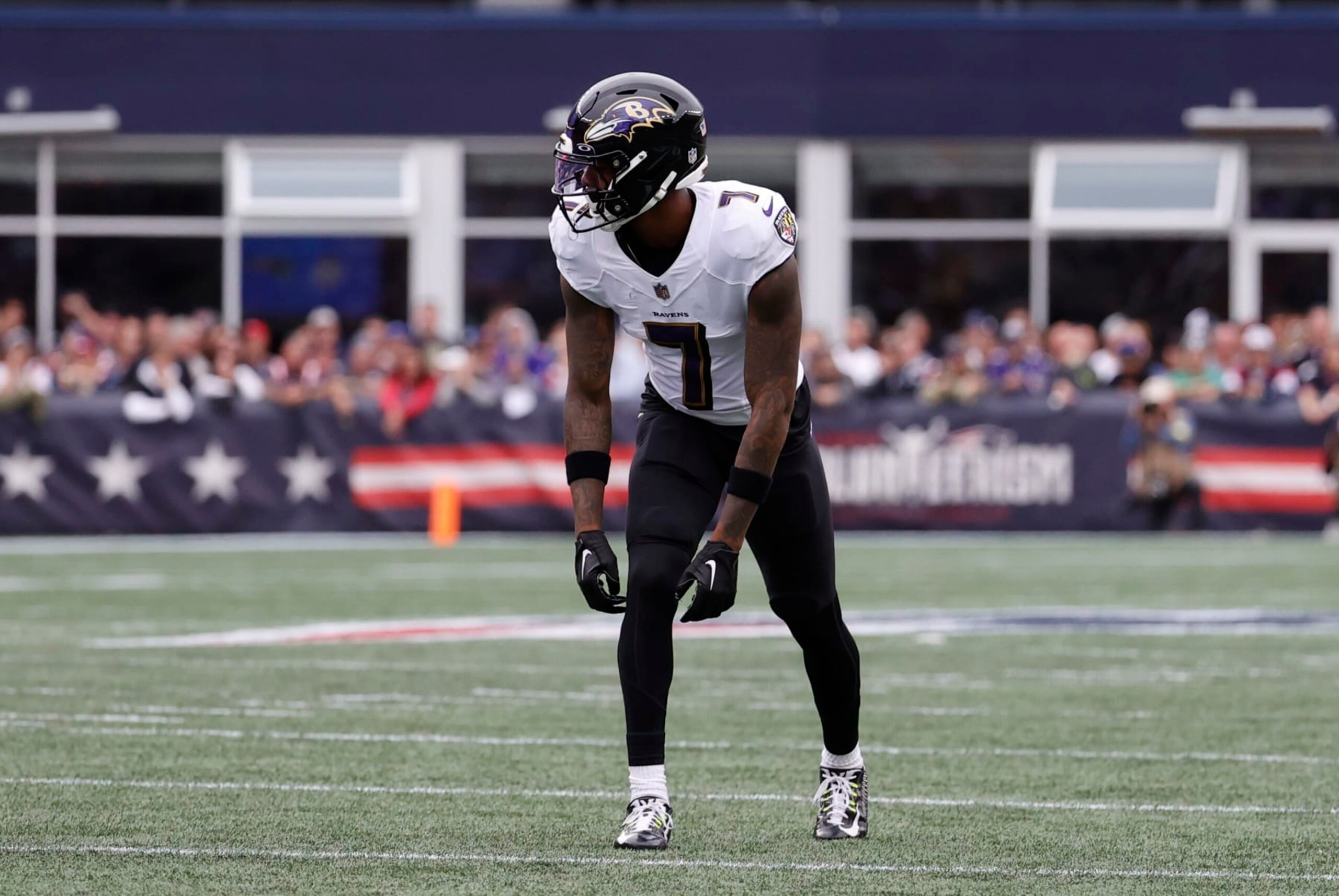 FOXBOROUGH, MA - SEPTEMBER 25: Baltimore Ravens wide receiver Rashod Bateman (7) lines up wide during a game between the New England Patriots and the Baltimore Ravens on September 25, 2022, at Gillette Stadium in Foxborough, Massachusetts. (Photo by Fred Kfoury III/Icon Sportswire via Getty Images)