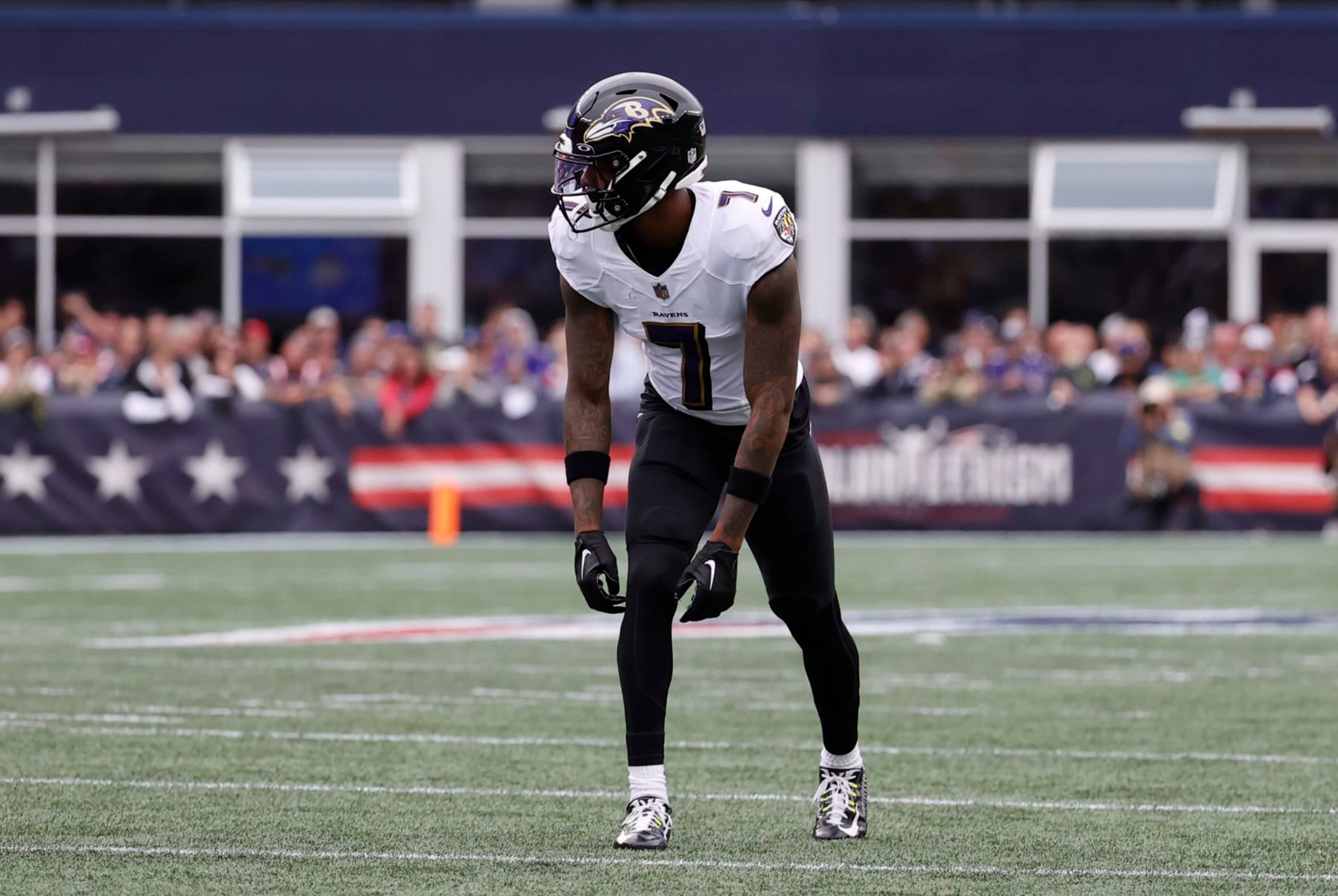 FOXBOROUGH, MA - SEPTEMBER 25: Baltimore Ravens wide receiver Rashod Bateman (7) lines up wide during a game between the New England Patriots and the Baltimore Ravens on September 25, 2022, at Gillette Stadium in Foxborough, Massachusetts. (Photo by Fred Kfoury III/Icon Sportswire via Getty Images)