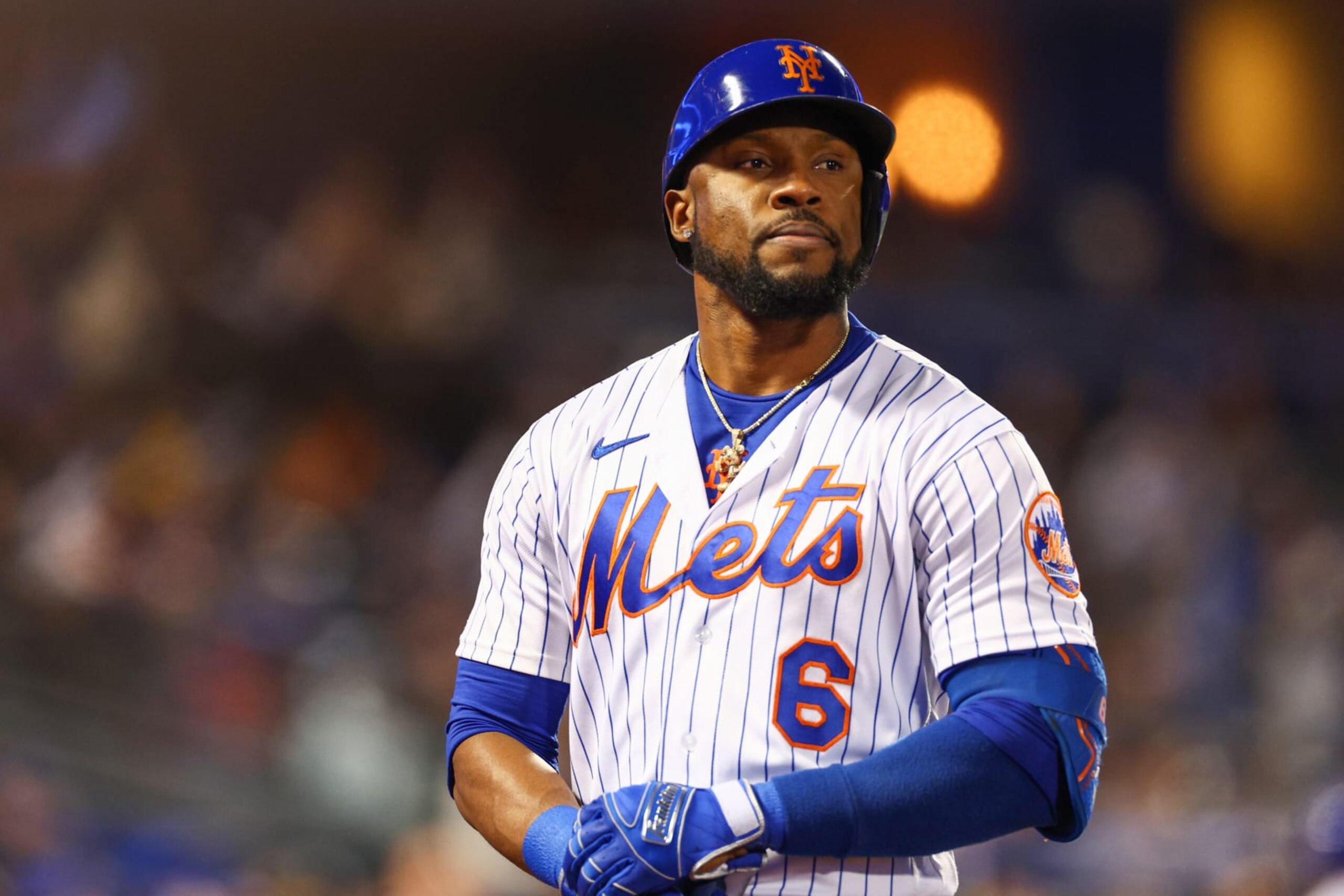 NEW YORK, NEW YORK - OCTOBER 08: Starling Marte #6 of the New York Mets reacts after flying out during the fourth inning against the San Diego Padres in game two of the Wild Card Series at Citi Field on October 08, 2022 in New York City. (Photo by Elsa/Getty Images) NEW YORK, NEW YORK - OCTOBER 08: Starling Marte #6 of the New York Mets reacts after flying out during the fourth inning against the San Diego Padres in game two of the Wild Card Series at Citi Field on October 08, 2022 in New York City. (Photo by Elsa/Getty Images)