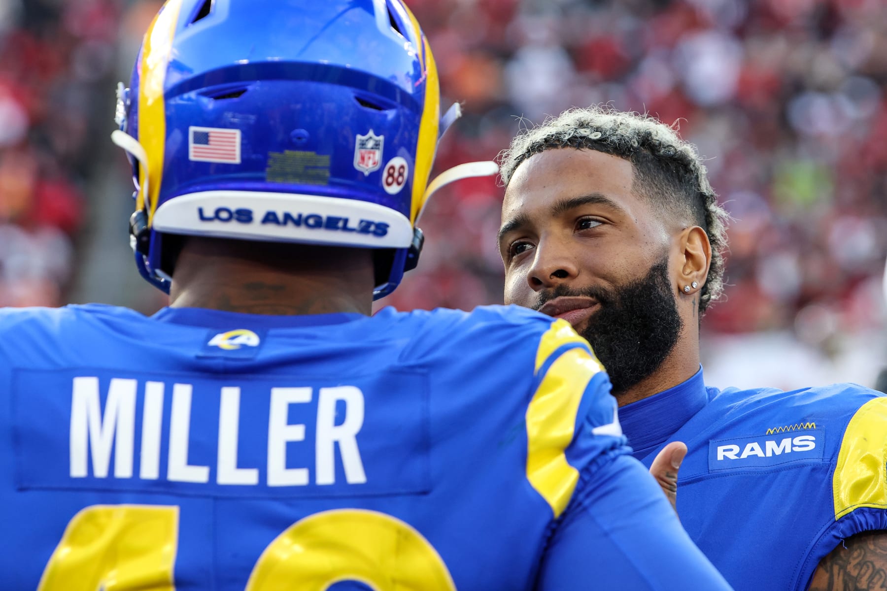 Tampa, Florida, Sunday, January 23, 2022 - LA Rams teammates Odell Beckham Jr. right and Von Miller on the sideline during the NFC Divisional Playoff at Raymond James Stadium. (Robert Gauthier/Los Angeles Times via Getty Images)
