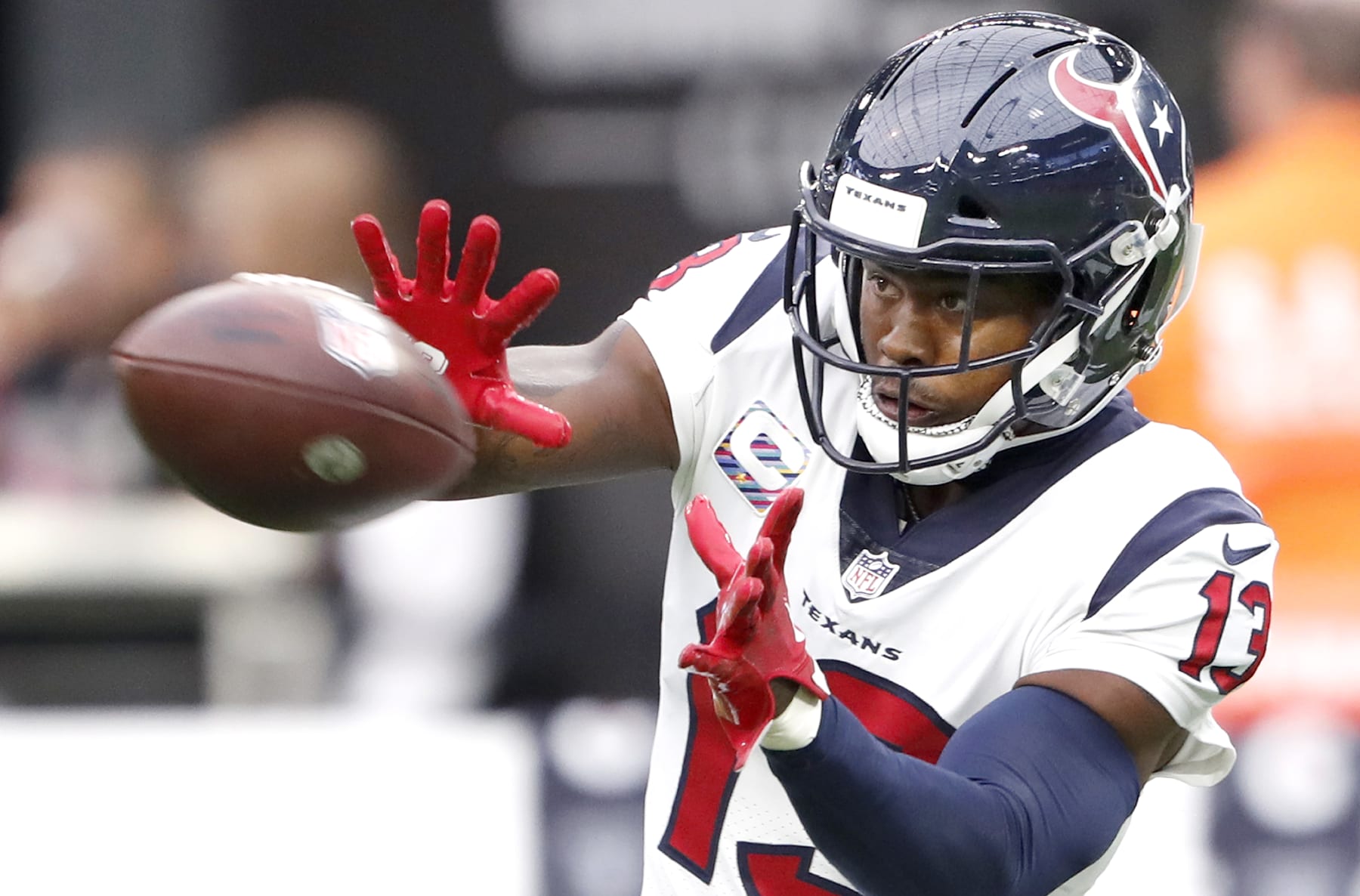 LAS VEGAS, NEVADA - OCTOBER 23:  Wide receiver Brandin Cooks #13 of the Houston Texans warms up before a game against the Las Vegas Raiders at Allegiant Stadium on October 23, 2022 in Las Vegas, Nevada. (Photo by Steve Marcus/Getty Images)