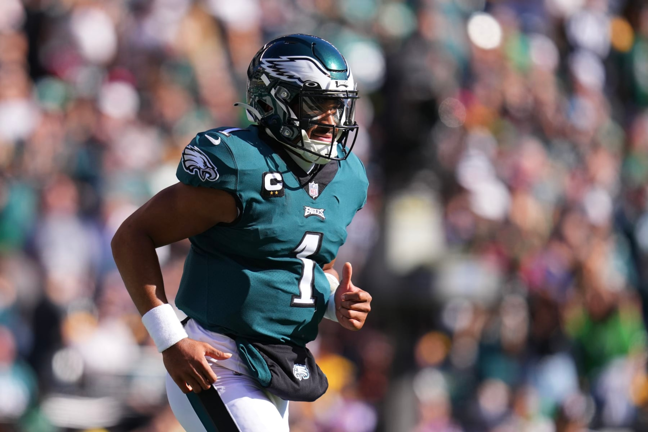 PHILADELPHIA, PA - OCTOBER 30: Jalen Hurts #1 of the Philadelphia Eagles makes his way to the sidelines against the Pittsburgh Steelers at Lincoln Financial Field on October 30, 2022 in Philadelphia, Pennsylvania. (Photo by Mitchell Leff/Getty Images)