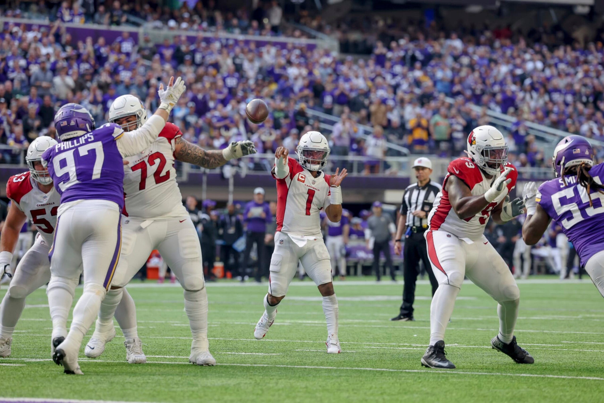 Arizona Cardinals quarterback Kyler Murray (1) in action during the second half of an NFL football game against the Minnesota Vikings, Sunday, Oct. 30, 2022 in Minneapolis. (AP Photo/Stacy Bengs) Arizona Cardinals quarterback Kyler Murray (1) in action during the second half of an NFL football game against the Minnesota Vikings, Sunday, Oct. 30, 2022 in Minneapolis. (AP Photo/Stacy Bengs)