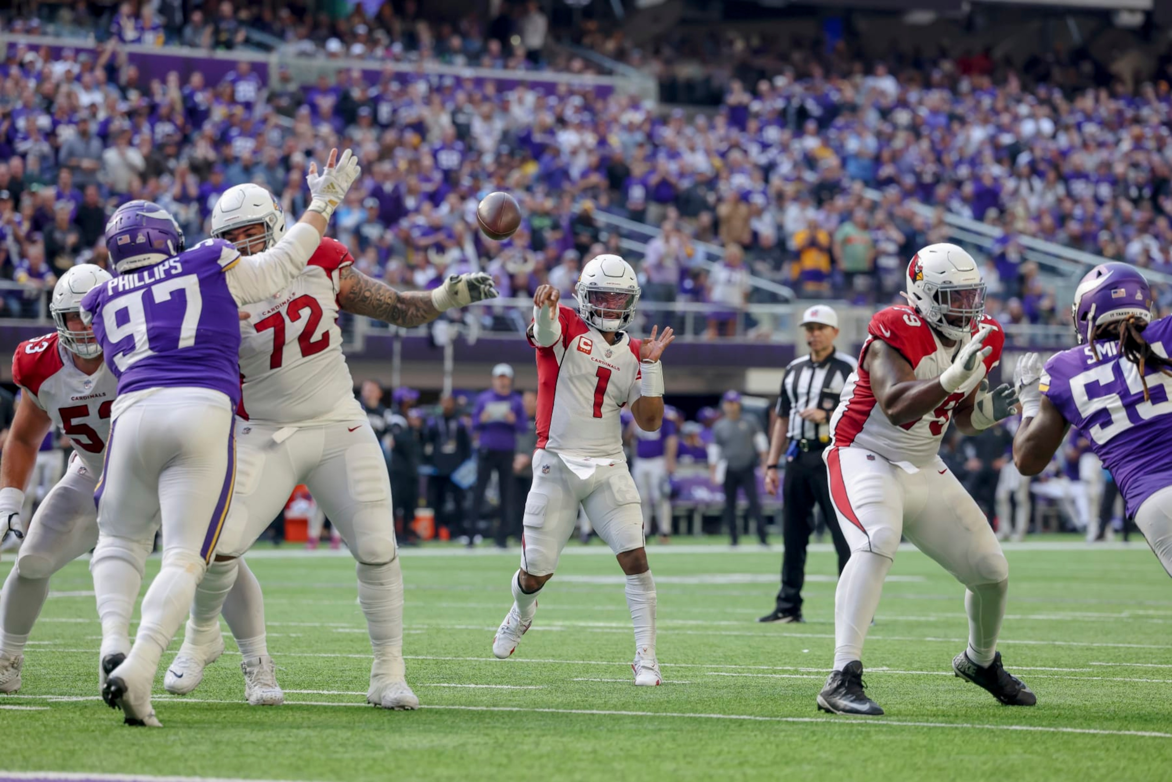 Arizona Cardinals quarterback Kyler Murray (1) in action during the second half of an NFL football game against the Minnesota Vikings, Sunday, Oct. 30, 2022 in Minneapolis. (AP Photo/Stacy Bengs) Arizona Cardinals quarterback Kyler Murray (1) in action during the second half of an NFL football game against the Minnesota Vikings, Sunday, Oct. 30, 2022 in Minneapolis. (AP Photo/Stacy Bengs)