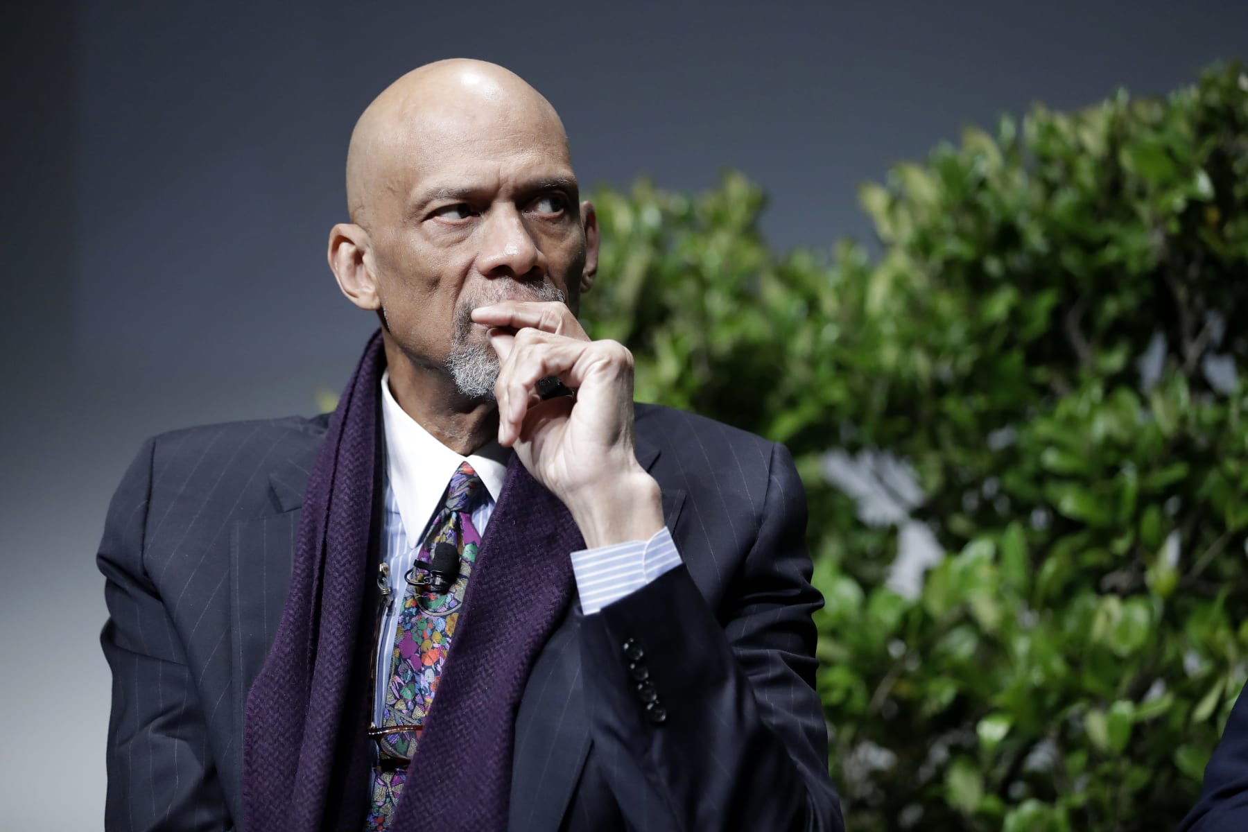 FILE - This Jan. 24, 2017, file photo, shows former NBA player Kareem Abdul-Jabbar during a sports and activism panel entitled "From Protest to Progress: Next Steps" in San Jose, Calif. Adam Abdul-Jabbar, the son of basketball legend Kareem Abdul-Jabbar, was charged Tuesday, Aug. 25, 2020, in California with stabbing a neighbor with a hunting knife during an argument over trash cans. (AP Photo/Marcio Jose Sanchez)