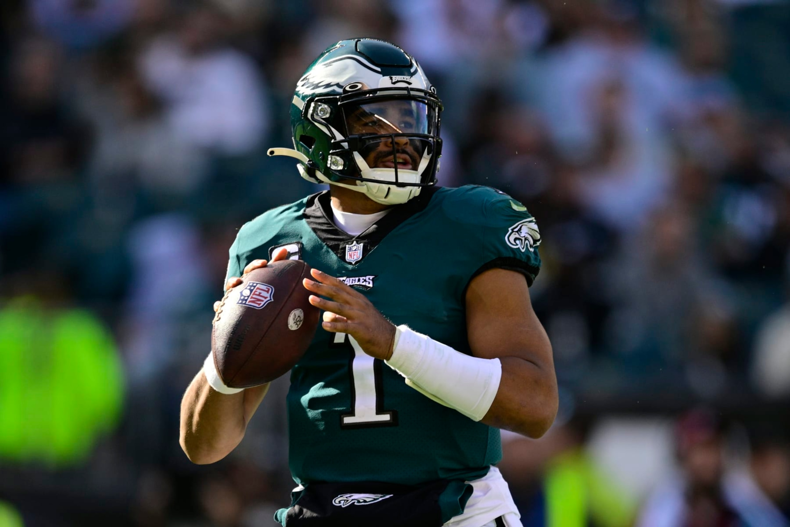 Philadelphia Eagles quarterback Jalen Hurts in action during an NFL football game against the Pittsburgh Steelers, Sunday, Oct. 30, 2022, in Philadelphia. (AP Photo/Derik Hamilton) Philadelphia Eagles quarterback Jalen Hurts in action during an NFL football game against the Pittsburgh Steelers, Sunday, Oct. 30, 2022, in Philadelphia. (AP Photo/Derik Hamilton)