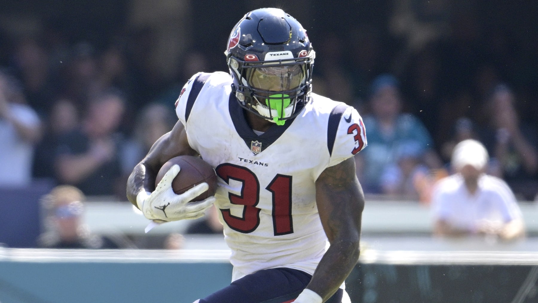Houston Texans running back Dameon Pierce (31) rushes for yardage during the second half of an NFL football game against the Jacksonville Jaguars, Sunday, Oct. 9, 2022, in Jacksonville, Fla. (AP Photo/Phelan M. Ebenhack)
