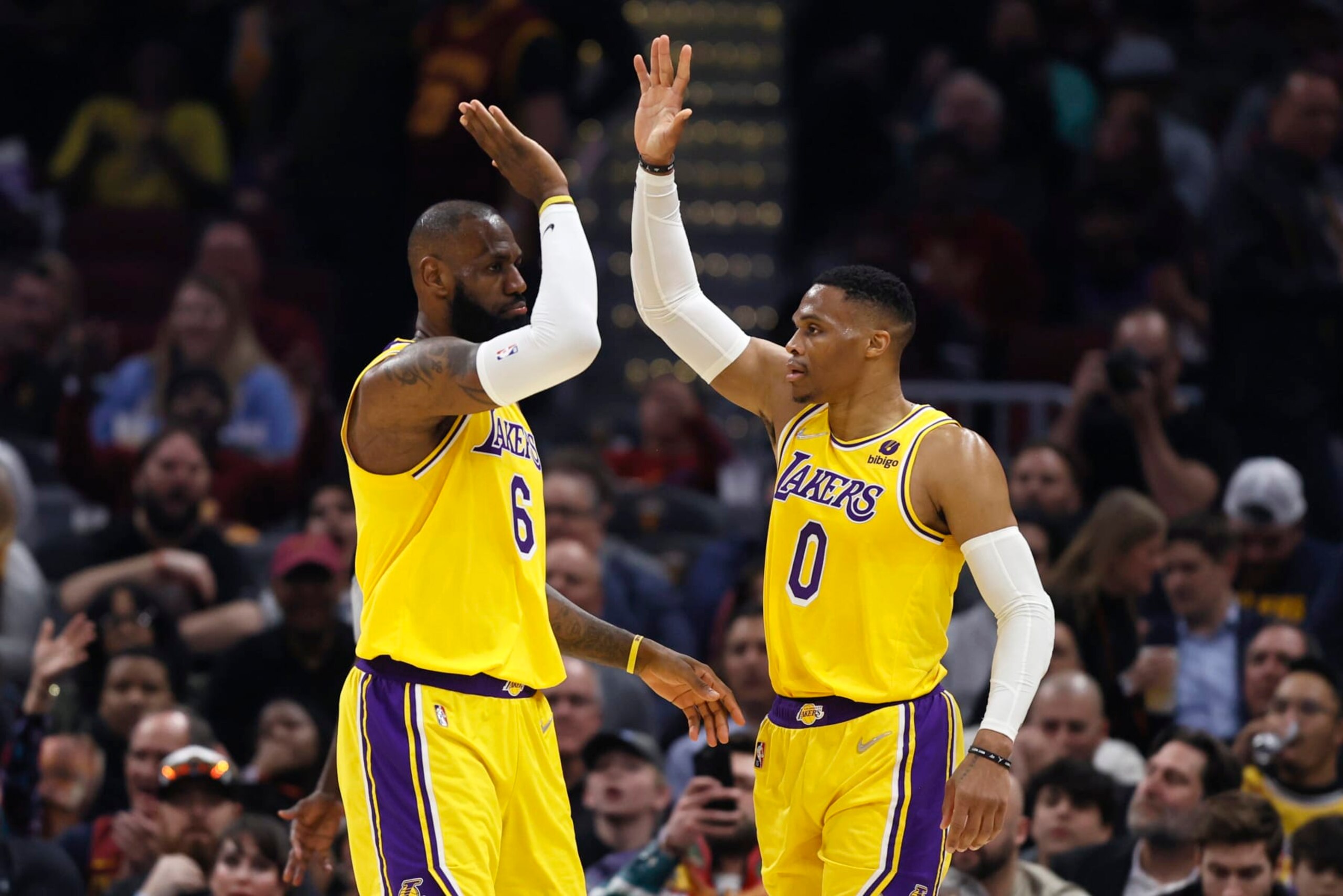 Los Angeles Lakers' LeBron James (6) and Russell Westbrook (0) play against the Cleveland Cavaliers during the first half of an NBA basketball game, Monday, March 21, 2022, in Cleveland. (AP Photo/Ron Schwane) Los Angeles Lakers' LeBron James (6) and Russell Westbrook (0) play against the Cleveland Cavaliers during the first half of an NBA basketball game, Monday, March 21, 2022, in Cleveland. (AP Photo/Ron Schwane)