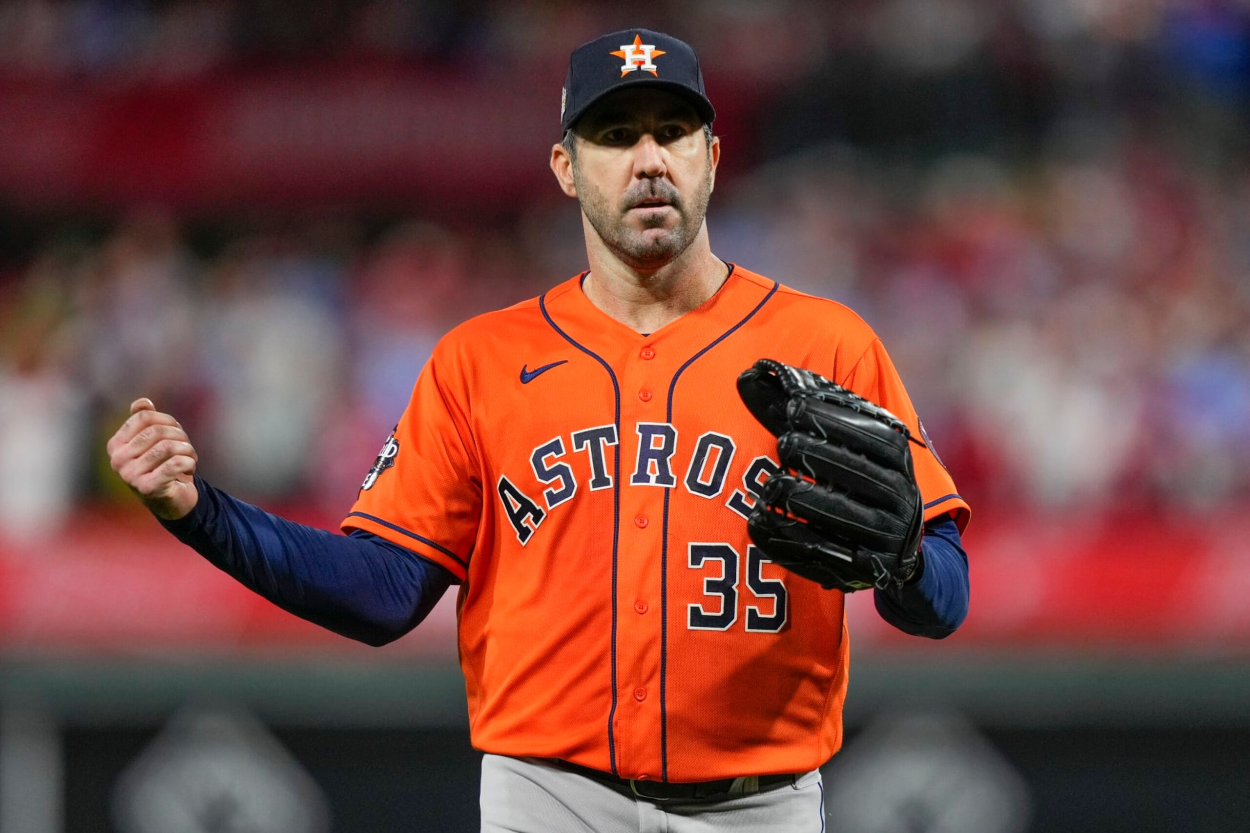 Houston Astros starting pitcher Justin Verlander celebrates the last out in the fifth inning in Game 5 of baseball's World Series between the Houston Astros and the Philadelphia Phillies on Thursday, Nov. 3, 2022, in Philadelphia. (AP Photo/Matt Slocum) Houston Astros starting pitcher Justin Verlander celebrates the last out in the fifth inning in Game 5 of baseball's World Series between the Houston Astros and the Philadelphia Phillies on Thursday, Nov. 3, 2022, in Philadelphia. (AP Photo/Matt Slocum)