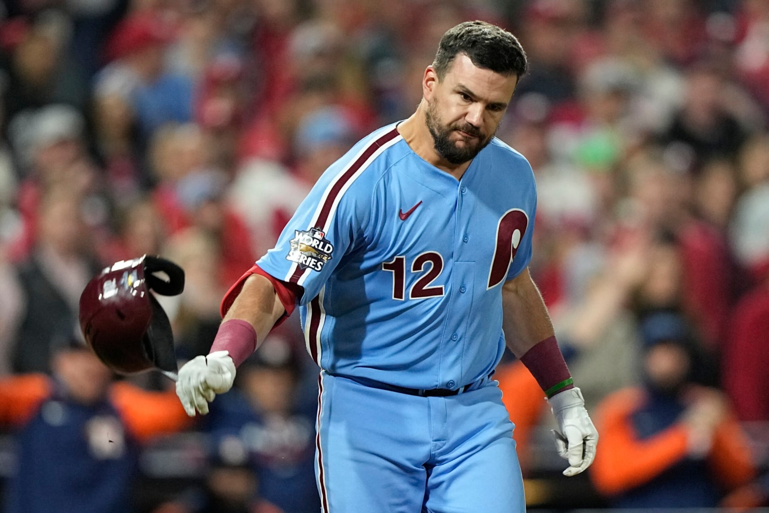 Philadelphia Phillies' Kyle Schwarber reacts after grounding out to end the eighth inning in Game 5 of baseball's World Series between the Houston Astros and the Philadelphia Phillies on Thursday, Nov. 3, 2022, in Philadelphia. (AP Photo/David J. Phillip) Philadelphia Phillies' Kyle Schwarber reacts after grounding out to end the eighth inning in Game 5 of baseball's World Series between the Houston Astros and the Philadelphia Phillies on Thursday, Nov. 3, 2022, in Philadelphia. (AP Photo/David J. Phillip)