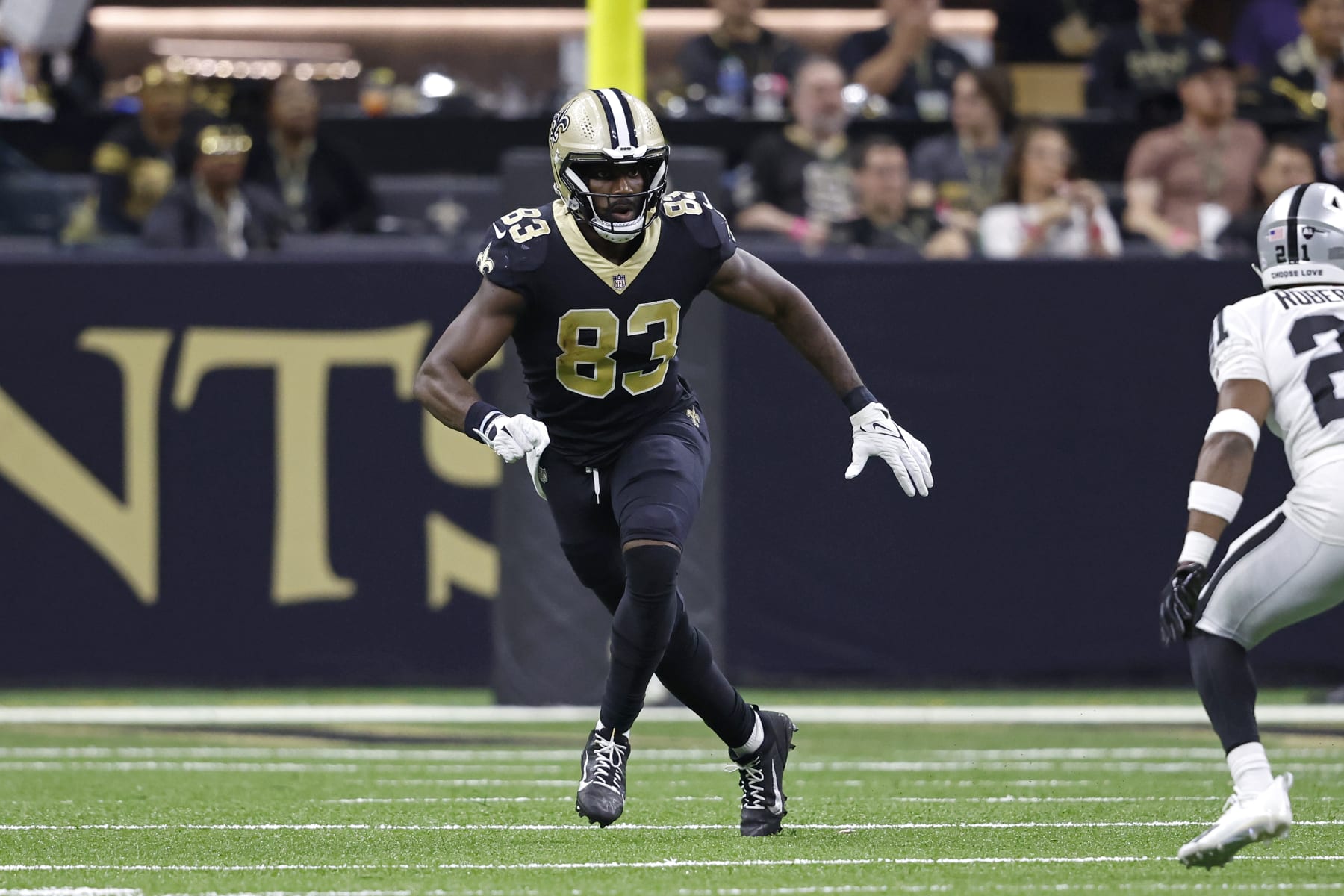 New Orleans Saints tight end Juwan Johnson (83) during an NFL football game against the Las Vegas Raiders, Sunday, Oct. 30, 2022, in New Orleans. (AP Photo/Tyler Kaufman)