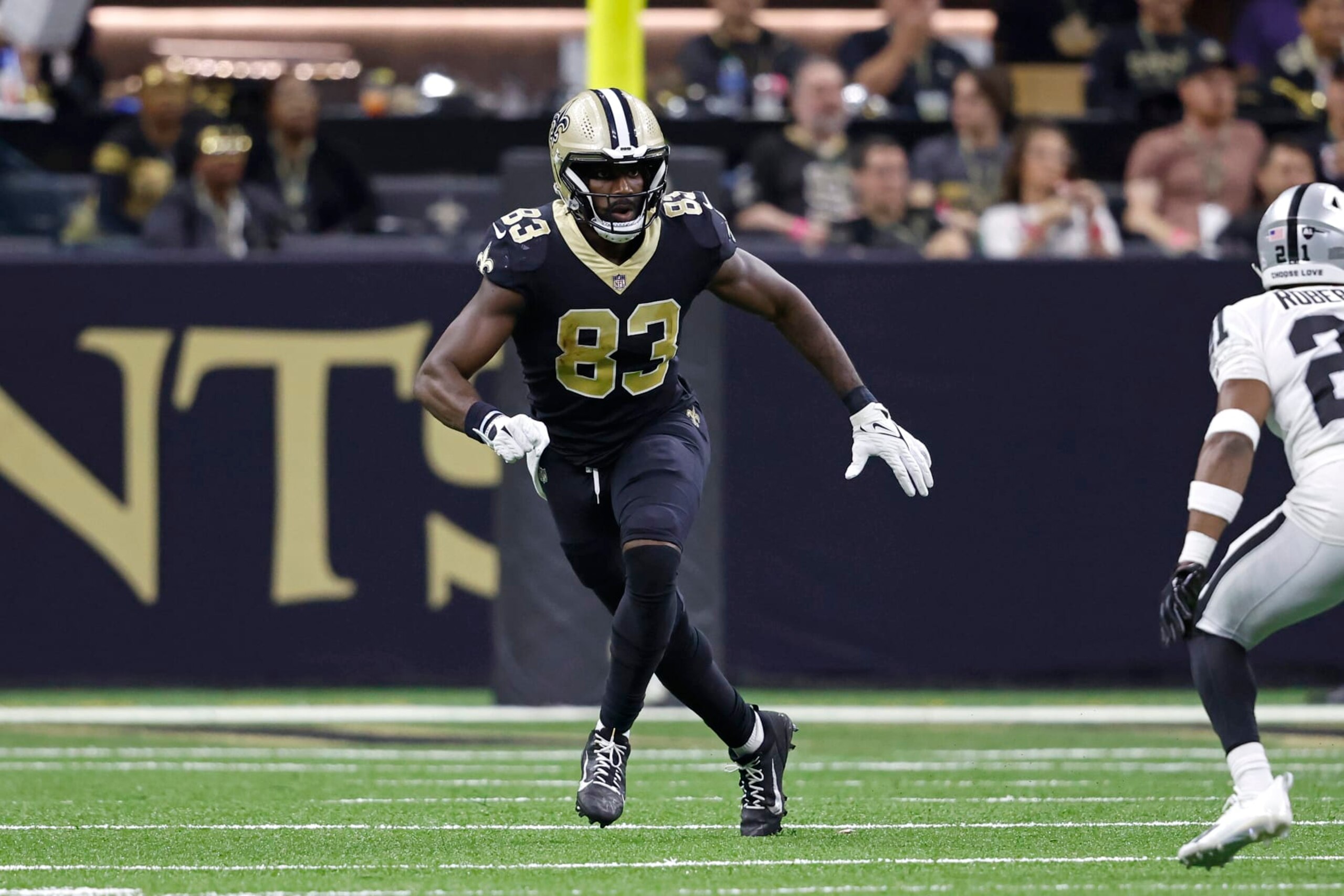 New Orleans Saints tight end Juwan Johnson (83) during an NFL football game against the Las Vegas Raiders, Sunday, Oct. 30, 2022, in New Orleans. (AP Photo/Tyler Kaufman) New Orleans Saints tight end Juwan Johnson (83) during an NFL football game against the Las Vegas Raiders, Sunday, Oct. 30, 2022, in New Orleans. (AP Photo/Tyler Kaufman)