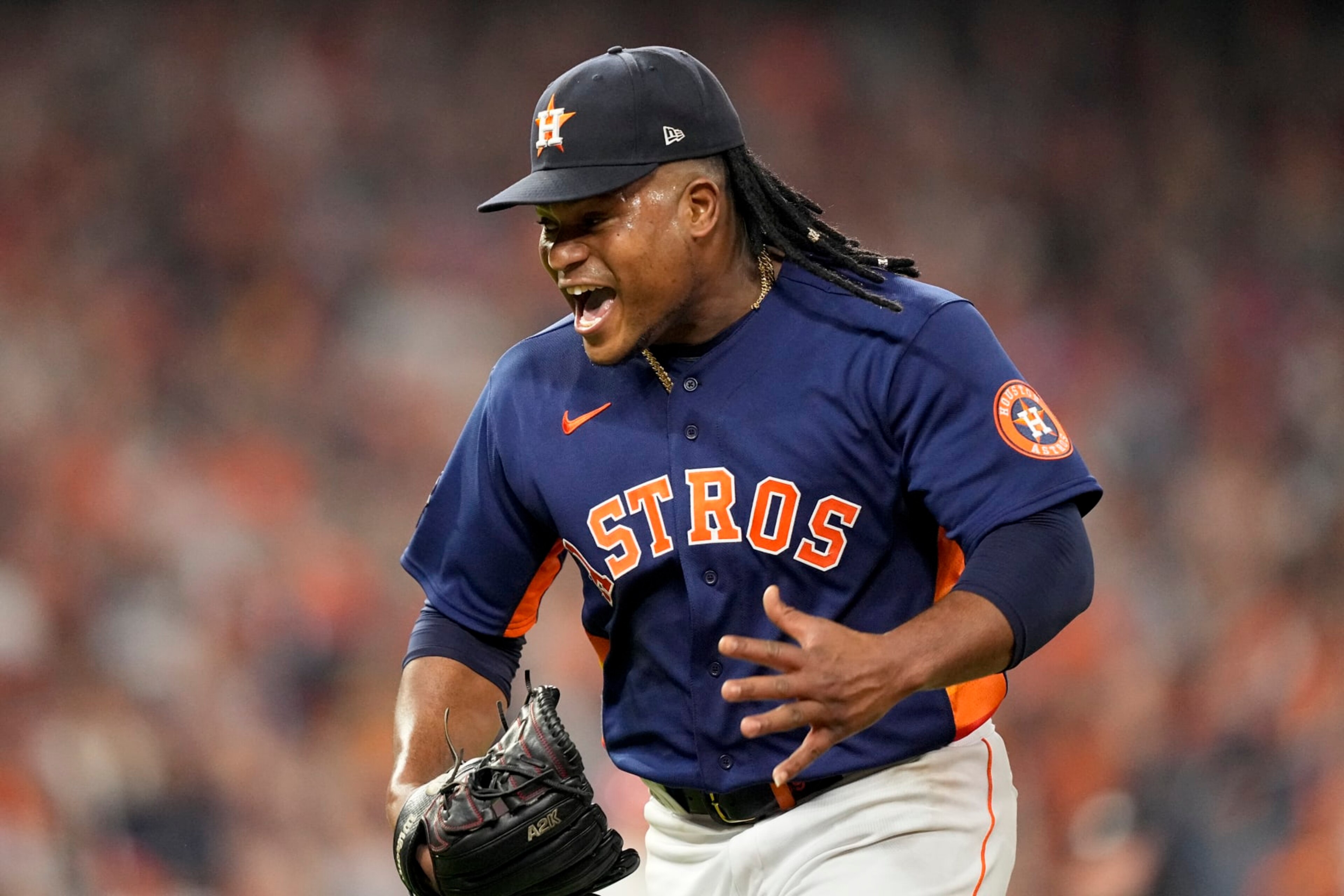 Houston Astros starting pitcher Framber Valdez celebrates a double play to end the top of the sixth inning in Game 2 of baseball's World Series between the Houston Astros and the Philadelphia Phillies on Saturday, Oct. 29, 2022, in Houston. (AP Photo/David J. Phillip) Houston Astros starting pitcher Framber Valdez celebrates a double play to end the top of the sixth inning in Game 2 of baseball's World Series between the Houston Astros and the Philadelphia Phillies on Saturday, Oct. 29, 2022, in Houston. (AP Photo/David J. Phillip)