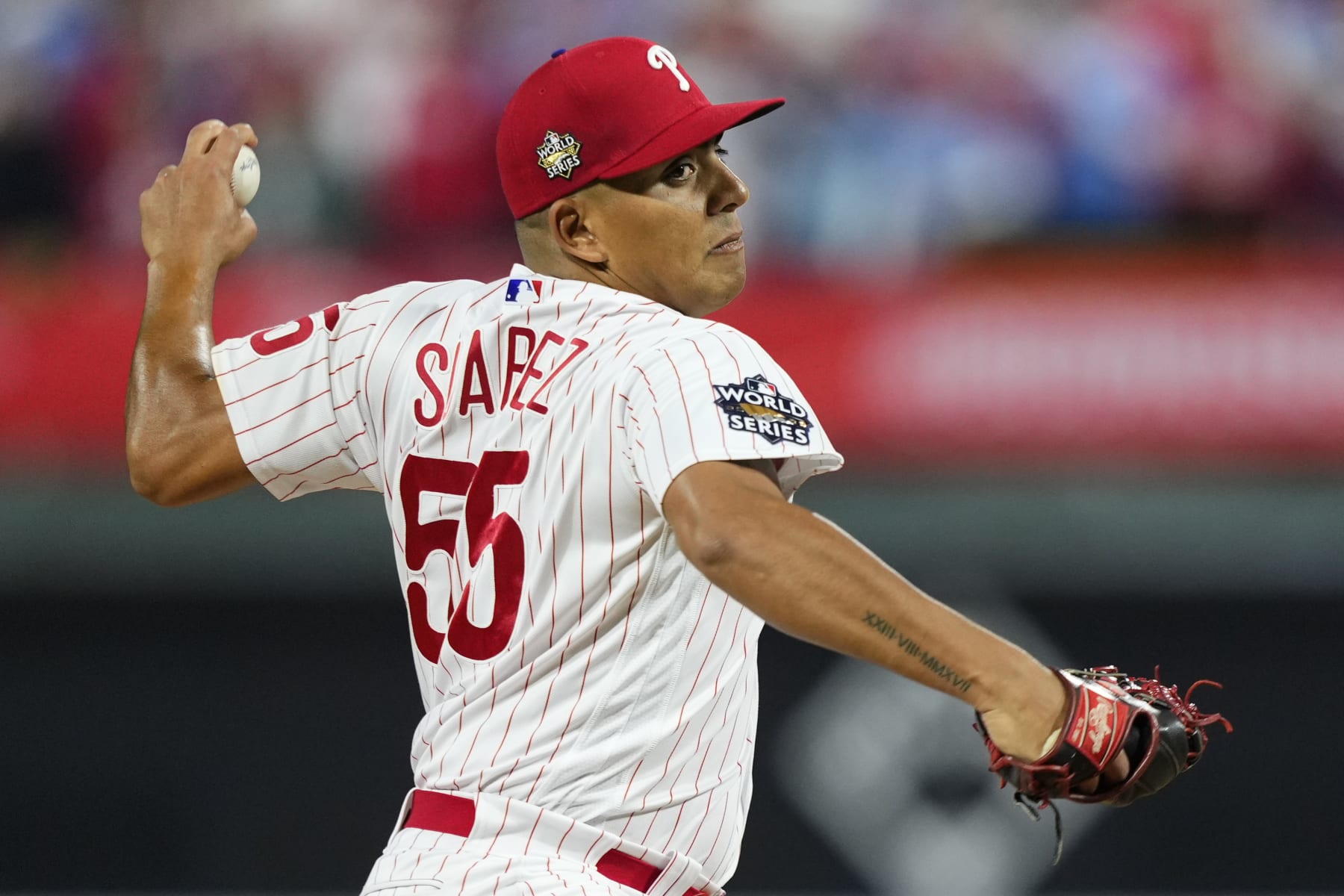 Philadelphia Phillies starting pitcher Ranger Suarez throws during the first inning in Game 3 of baseball's World Series between the Houston Astros and the Philadelphia Phillies on Tuesday, Nov. 1, 2022, in Philadelphia. (AP Photo/Matt Slocum)