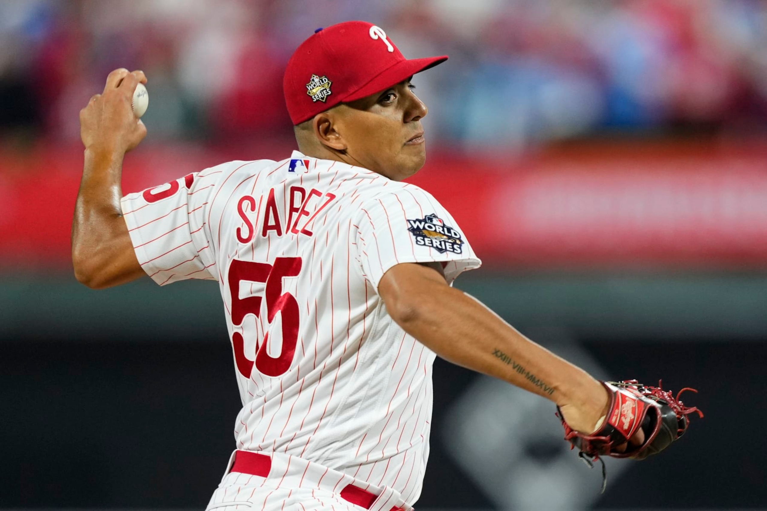 Philadelphia Phillies starting pitcher Ranger Suarez throws during the first inning in Game 3 of baseball's World Series between the Houston Astros and the Philadelphia Phillies on Tuesday, Nov. 1, 2022, in Philadelphia. (AP Photo/Matt Slocum)
