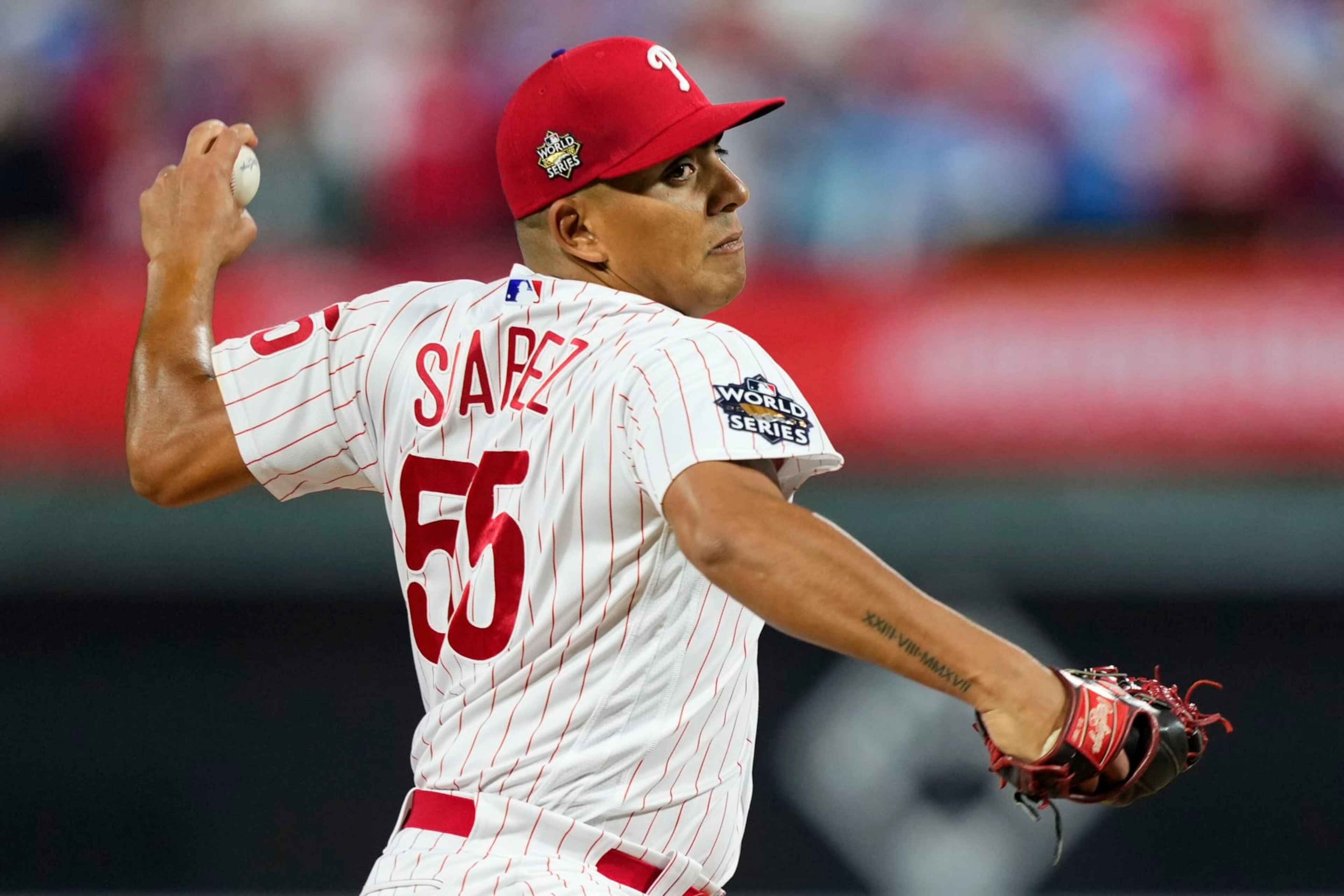 Philadelphia Phillies starting pitcher Ranger Suarez throws during the first inning in Game 3 of baseball's World Series between the Houston Astros and the Philadelphia Phillies on Tuesday, Nov. 1, 2022, in Philadelphia. (AP Photo/Matt Slocum) Philadelphia Phillies starting pitcher Ranger Suarez throws during the first inning in Game 3 of baseball's World Series between the Houston Astros and the Philadelphia Phillies on Tuesday, Nov. 1, 2022, in Philadelphia. (AP Photo/Matt Slocum)