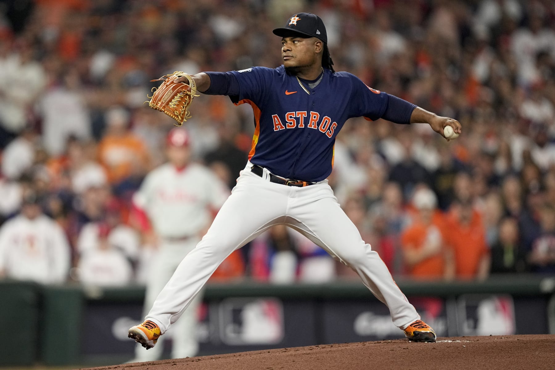 Houston Astros starting pitcher Framber Valdez works during the first inning in Game 2 of baseball's World Series between the Houston Astros and the Philadelphia Phillies on Saturday, Oct. 29, 2022, in Houston. (AP Photo/David J. Phillip)