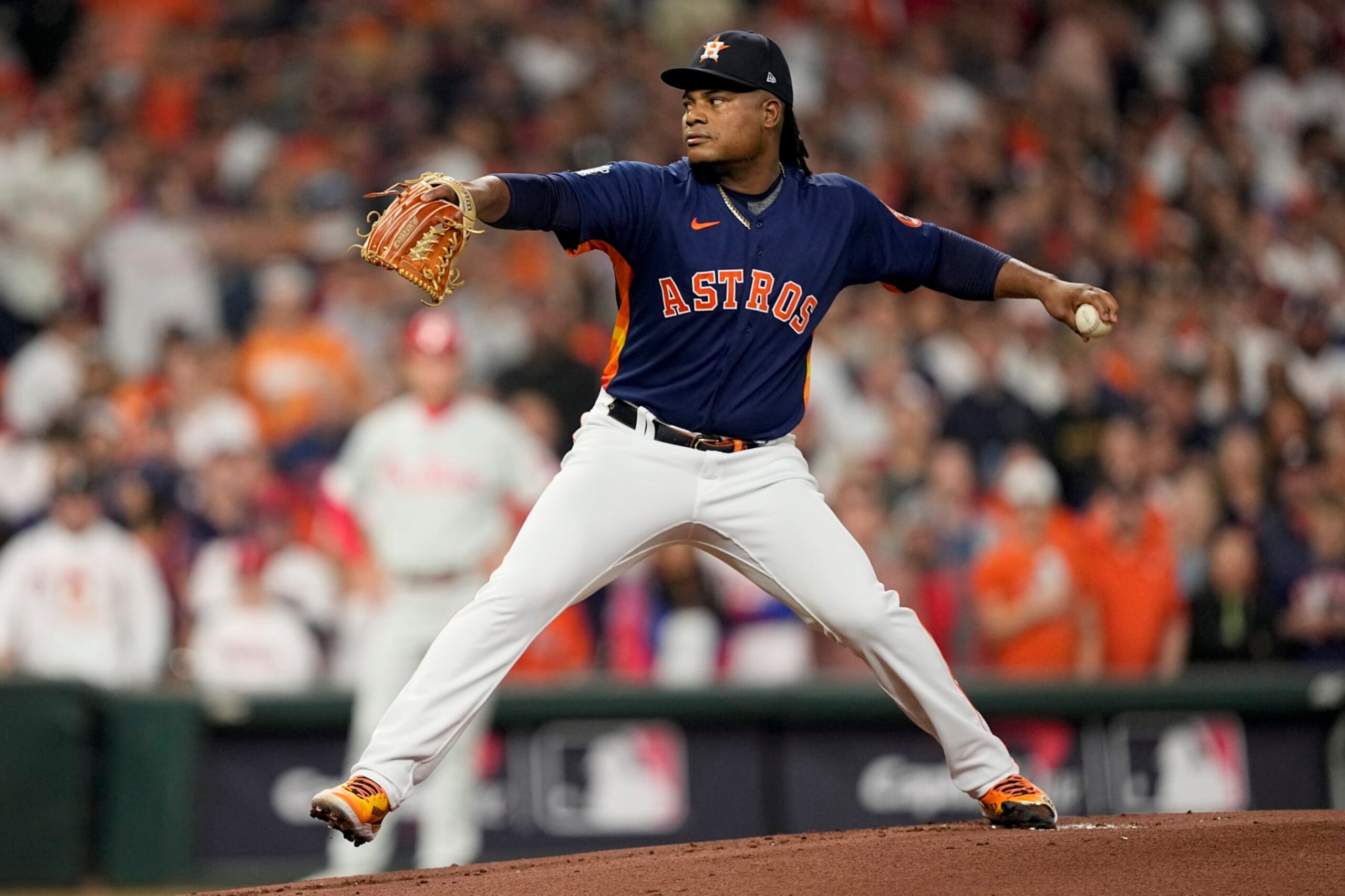 Houston Astros starting pitcher Framber Valdez works during the first inning in Game 2 of baseball's World Series between the Houston Astros and the Philadelphia Phillies on Saturday, Oct. 29, 2022, in Houston. (AP Photo/David J. Phillip)