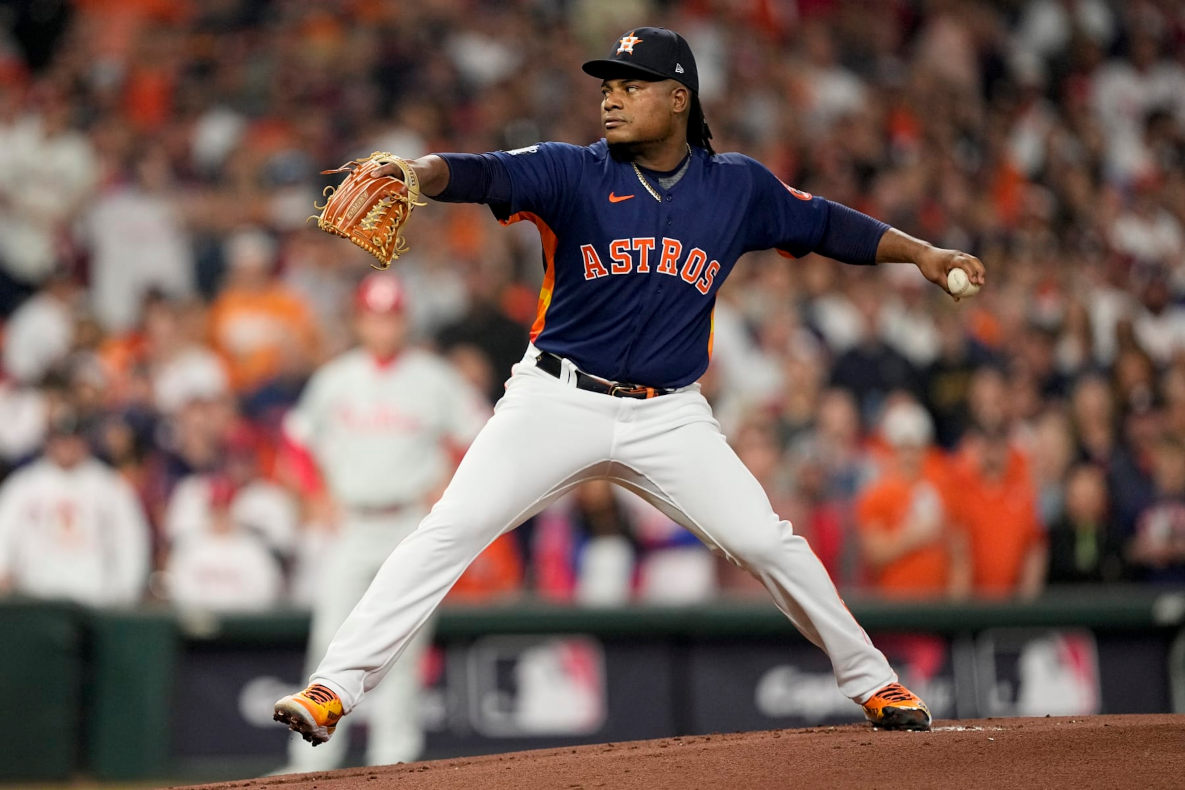 Houston Astros starting pitcher Framber Valdez works during the first inning in Game 2 of baseball's World Series between the Houston Astros and the Philadelphia Phillies on Saturday, Oct. 29, 2022, in Houston. (AP Photo/David J. Phillip) Houston Astros starting pitcher Framber Valdez works during the first inning in Game 2 of baseball's World Series between the Houston Astros and the Philadelphia Phillies on Saturday, Oct. 29, 2022, in Houston. (AP Photo/David J. Phillip)