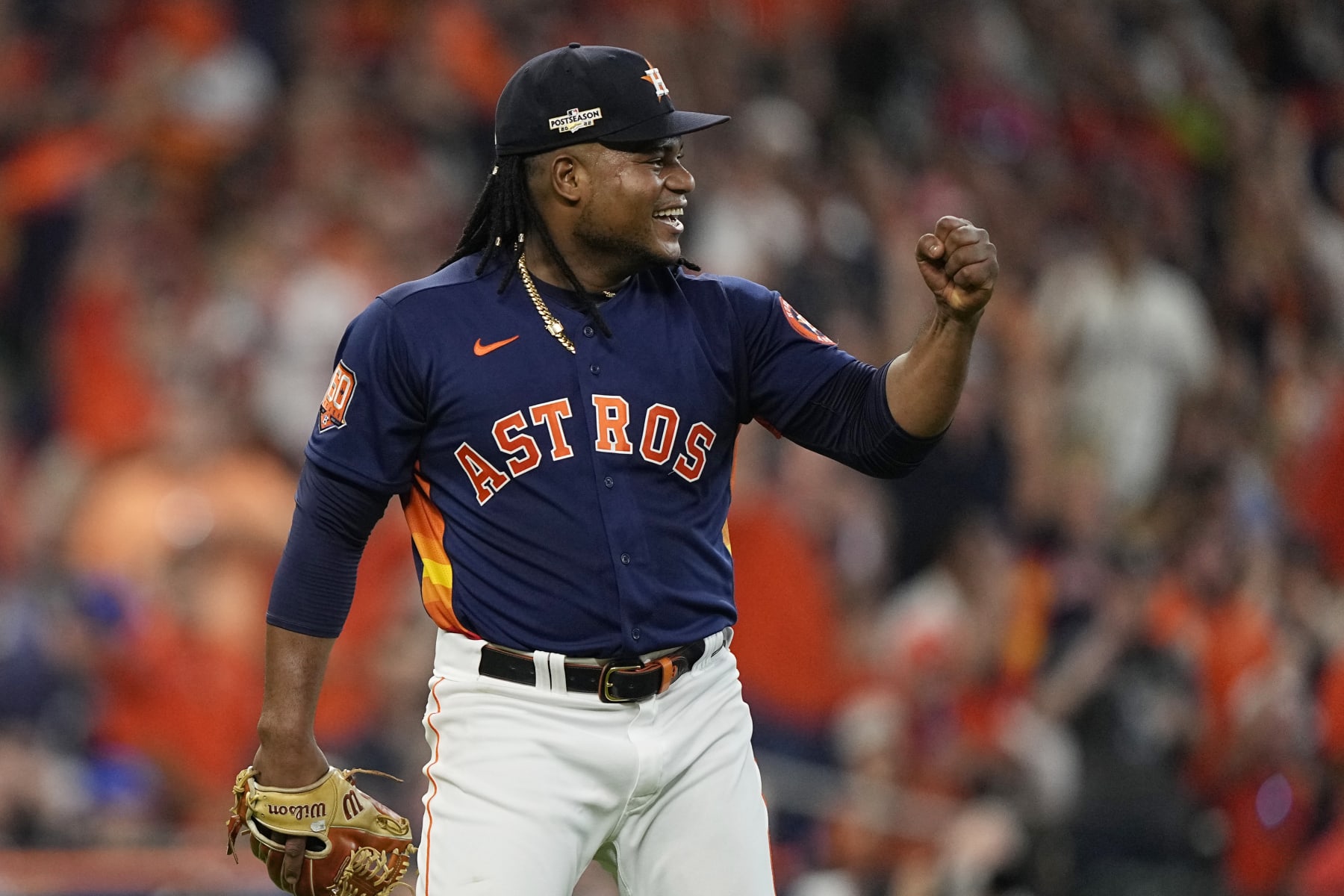 Houston Astros starting pitcher Framber Valdez reacts after the third out during the third inning in Game 2 of an American League Division Series baseball game against the Seattle Mariners in Houston, Thursday, Oct. 13, 2022. (AP Photo/David J. Phillip)